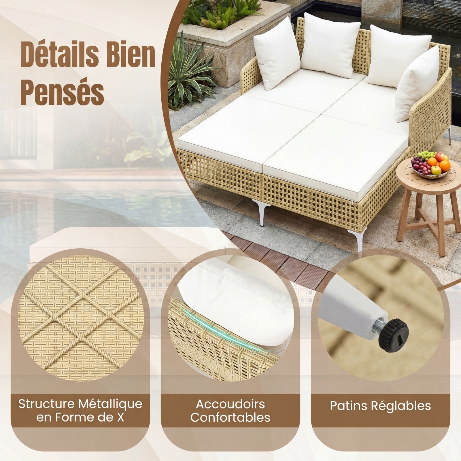 Cama de Dia Dupla em Rattan para Exterior, Espreguiçadeira de Vime para 2 Pessoas com Almofadas de Assento e Encosto, Banco de Sol com Suporte - 6