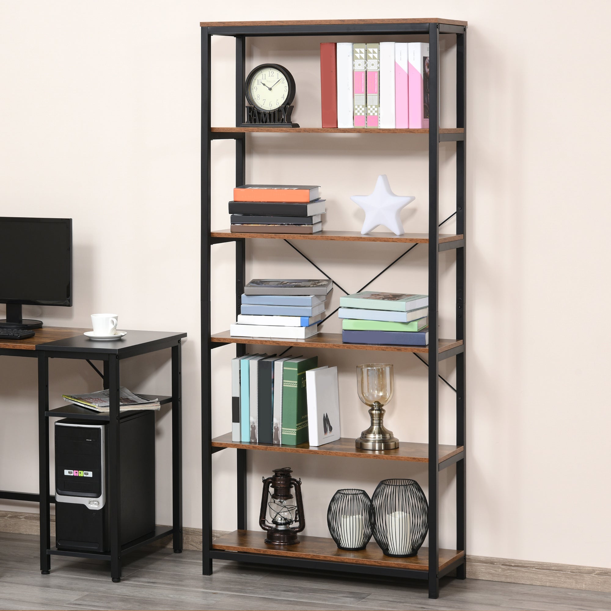 Libreria a 6 ripiani 30 x 120 x 1725 cm stile industriale per soggiorno
