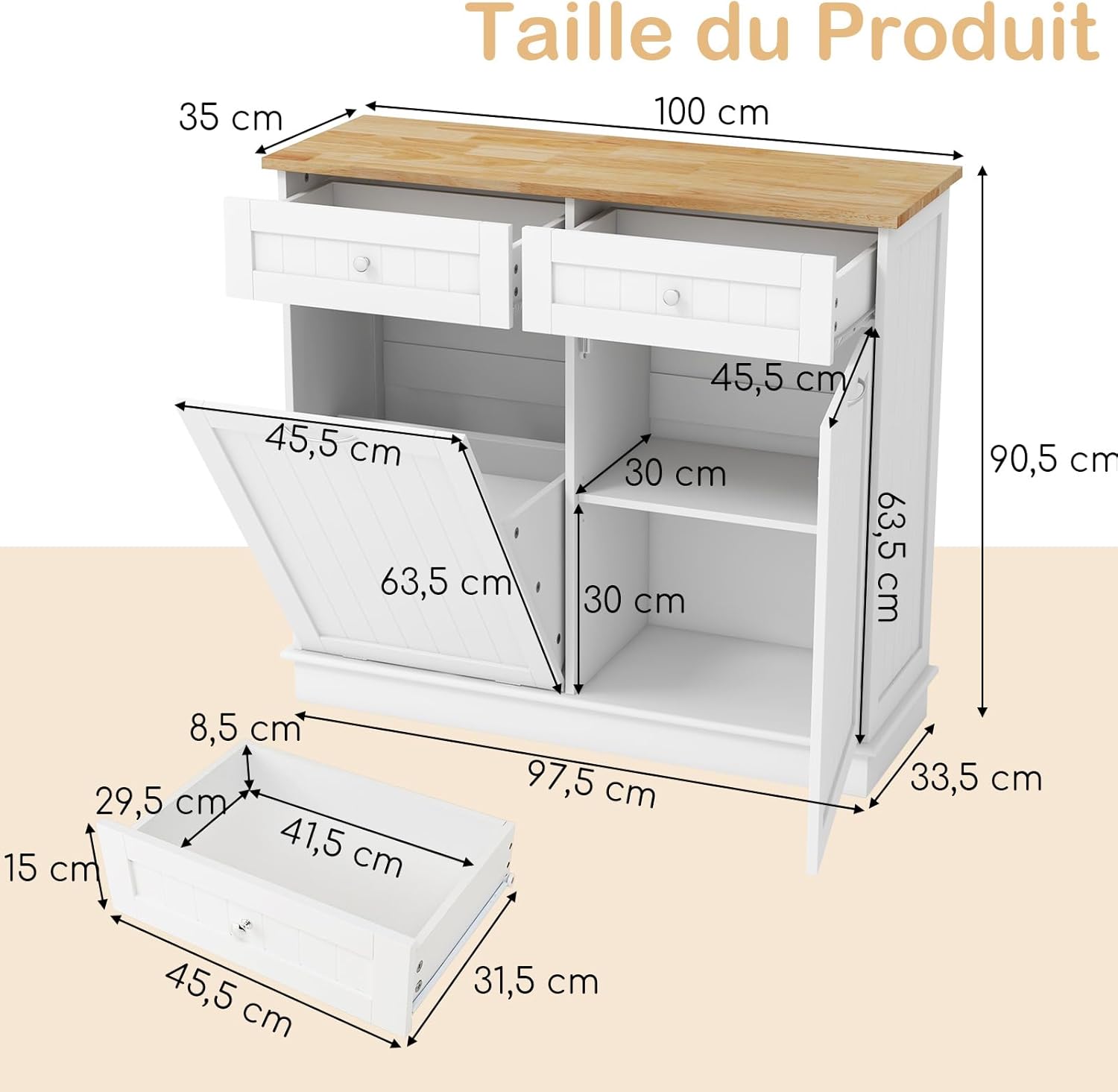 Buffet de Cuisine avec 2 Tiroirs et Placard Poubelle 42L(sans Seau), Plateau en Bois Massif, 100 x 35 x 91 cm, pour Cuisine, Salle de Bain, Blanc - 6