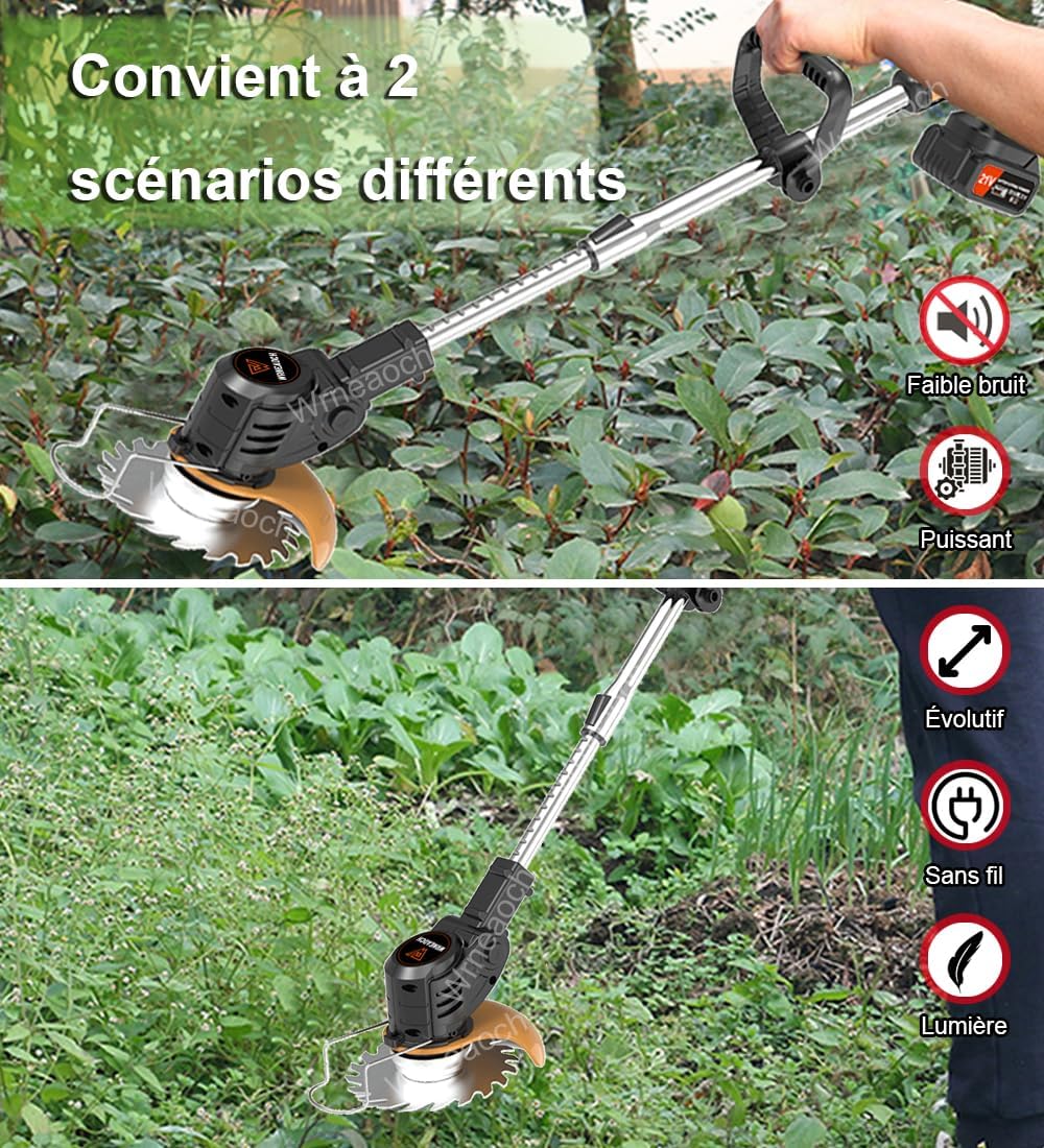 Coupe-Bordure Sans Fil 21V - Débroussailleuse Électrique Avec 2 Batteries 2.0Ah - 650W - 6000 Tr/min - Idéal Jardin