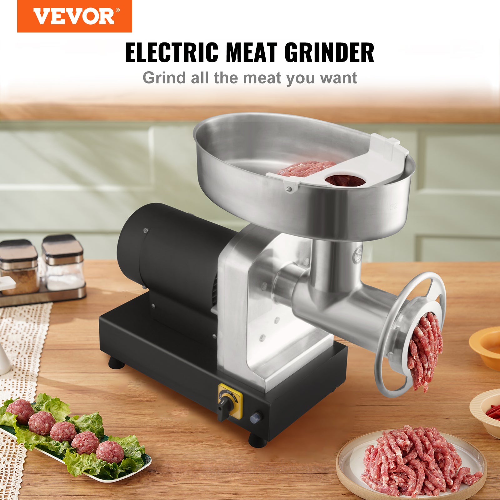 VEVOR Hachoir a Viande 1100 W Hachoir Electrique Multifonctionnel 450 kg/h 2 Lames 2 Plaques de Broyage Poussoir a Saucisses en Acier et Inox Alimentaire pour Hacher Rapidement Viande Oignon Ail Herbe