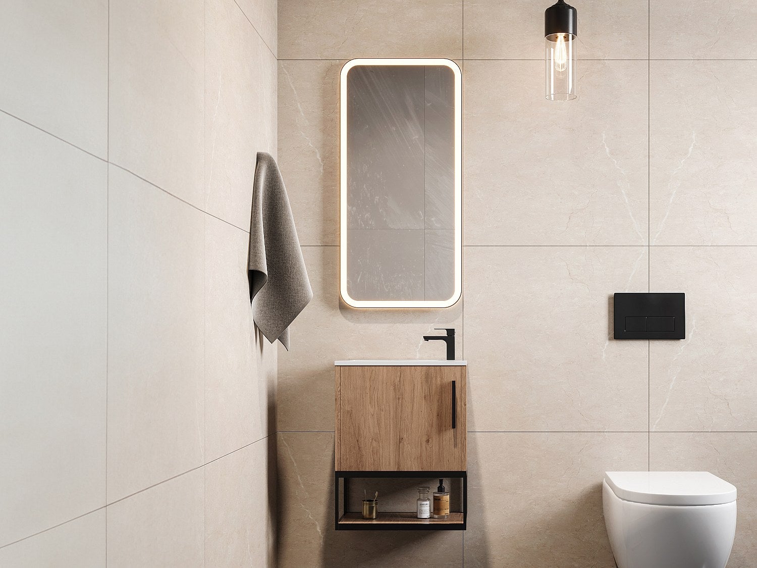 Szafka pod umywalkę wisząca z wnęką - 40 cm - Naturalny jasny - LOPENA