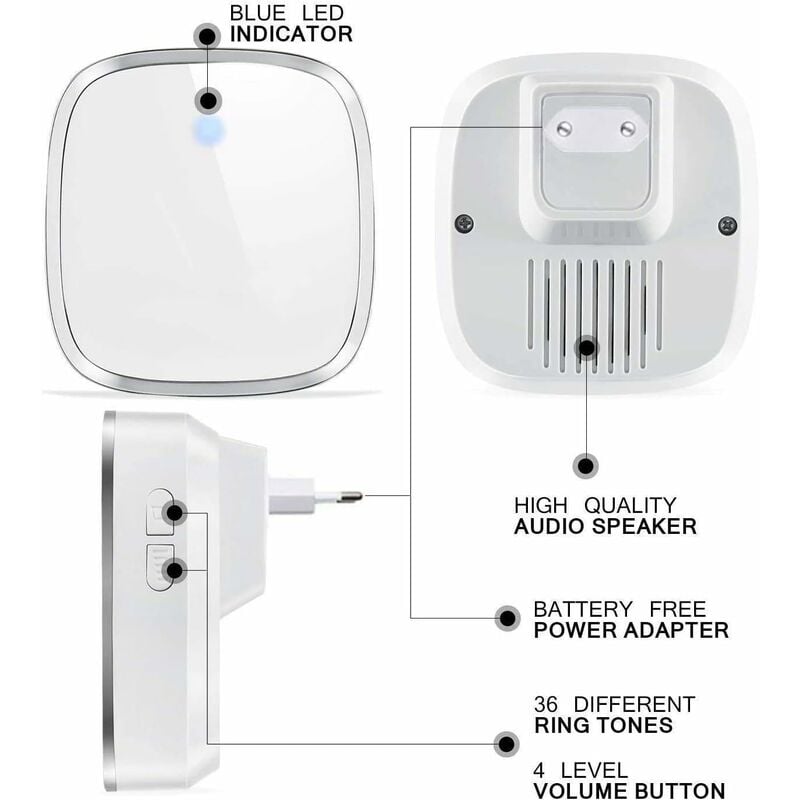 Sonnette sans Fil, Etanche ，à 300 Mètres de Portée, Kit de Carillon avec LED et 36 Mélodies au 4 Niveau Volume -1 Emetteur et 2 Récepteurs - 4