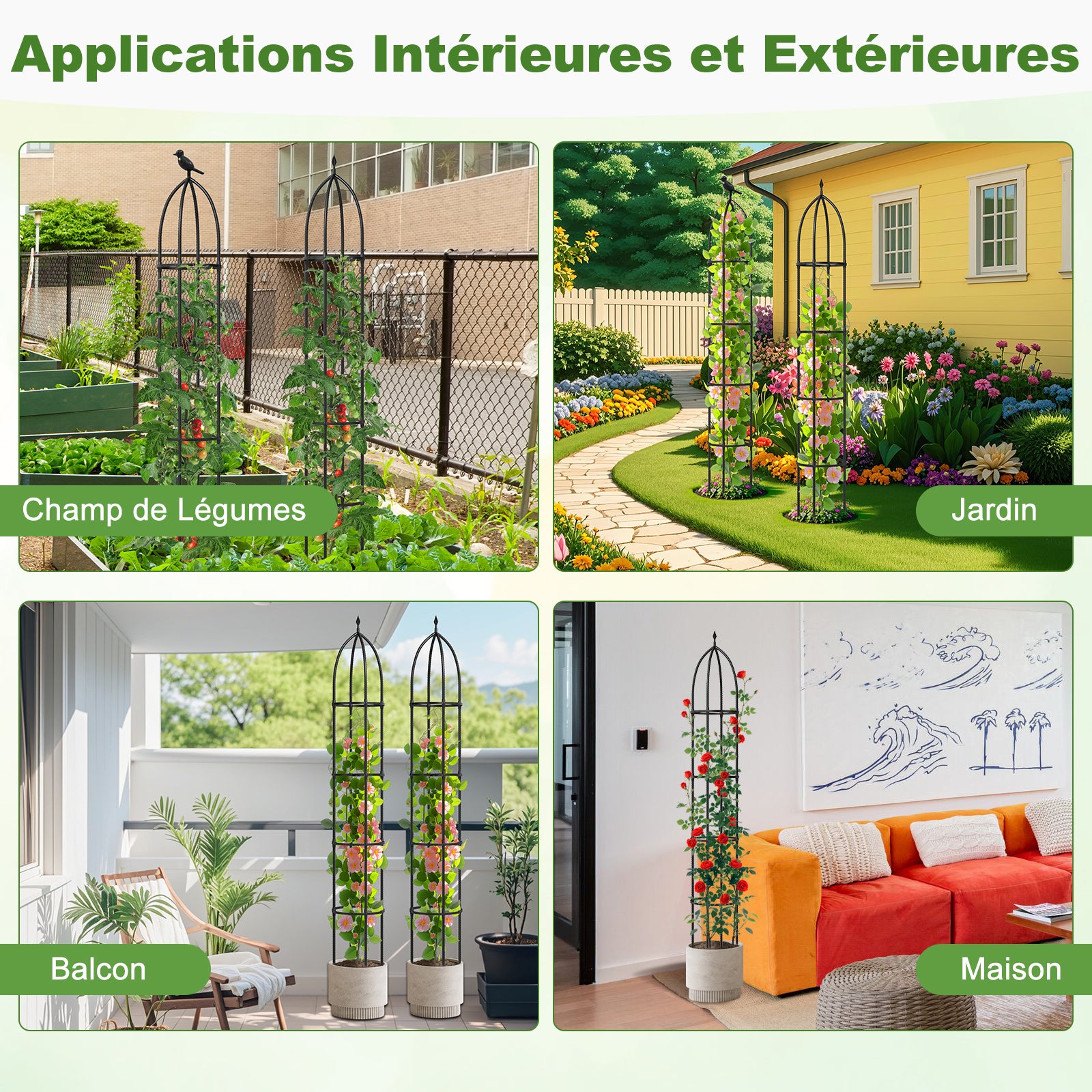 Lot de 2 Treillis Obélisque de Jardin Hauteur Réglable, Support pour Plantes Grimpantes en Métal Antirouille Mangeoire à Oiseaux, 30 x 197 CM - 8