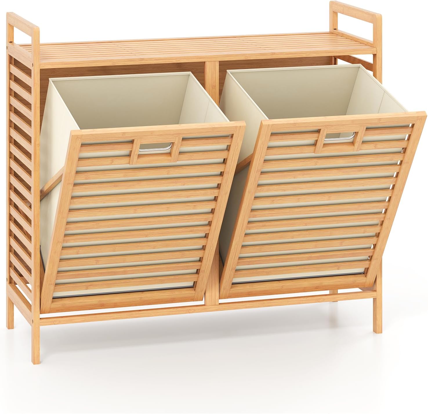 Kosz na Bieliznę w Rabacie 75 l, Kosz na Bieliznę z Bambusa z 2 Wyjmowanymi Workami, Blatem Roboczym i Zaciskami, Mebel z Listwami, 80 x 30 x 72 cm