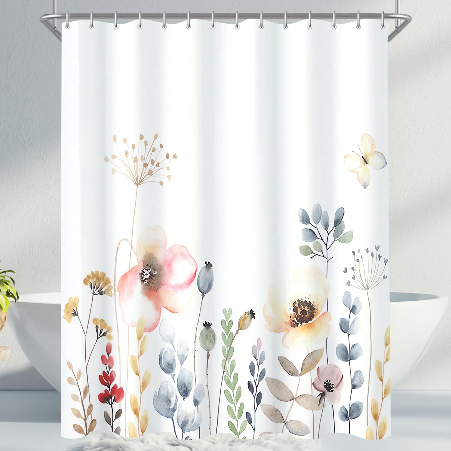 Zasłona prysznicowa – 180 x 180 cm, wzór kwiatowy, odporna na pleśń, wodoodporna, zmywalna, z poliestru, z 12 kółkami do zawieszania zasłony prysznico