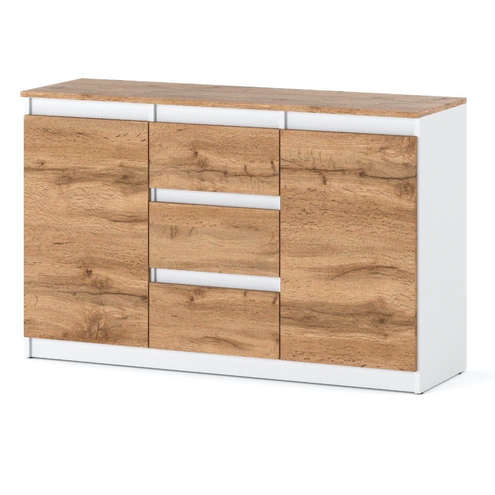 Komoda biała drewniana do salonu agnes plus 3 szuflady 120cm dąb wotan