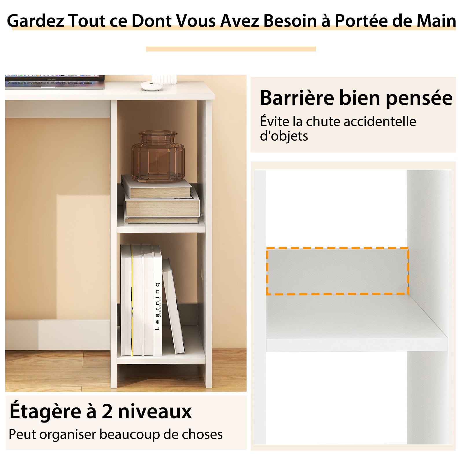 Scrivania per Computer in Legno, Scrivania con 2 Ripiani per Ambienti Piccoli, Scrivania Moderna e Salvaspazio da Casa e Ufficio, Bianco, 80 x - 6