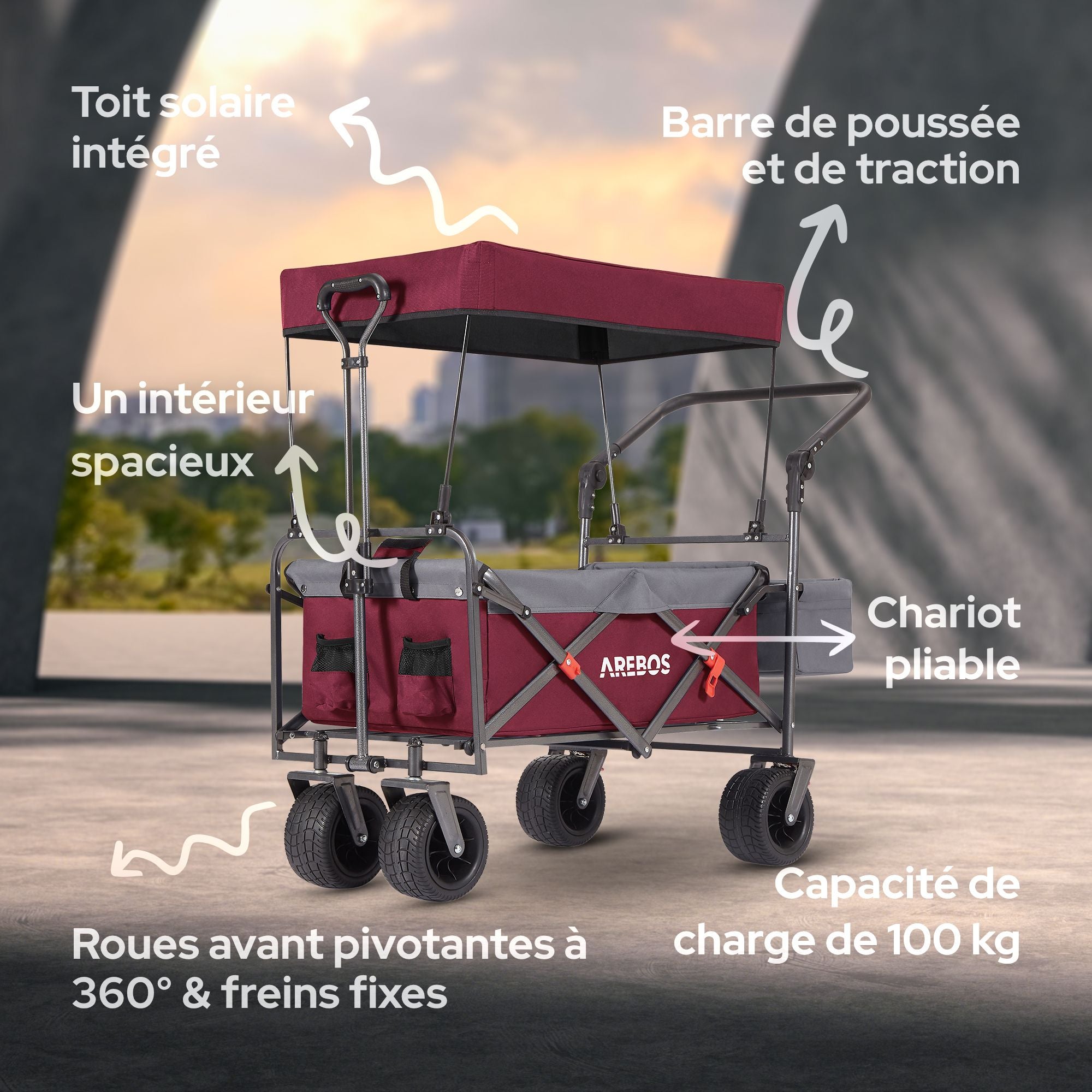 AREBOS Chariot de Transport Pliable avec Toit Chariot de Luxe Chariot de Transport capacité de Charge de 100 kg Rouge - 3