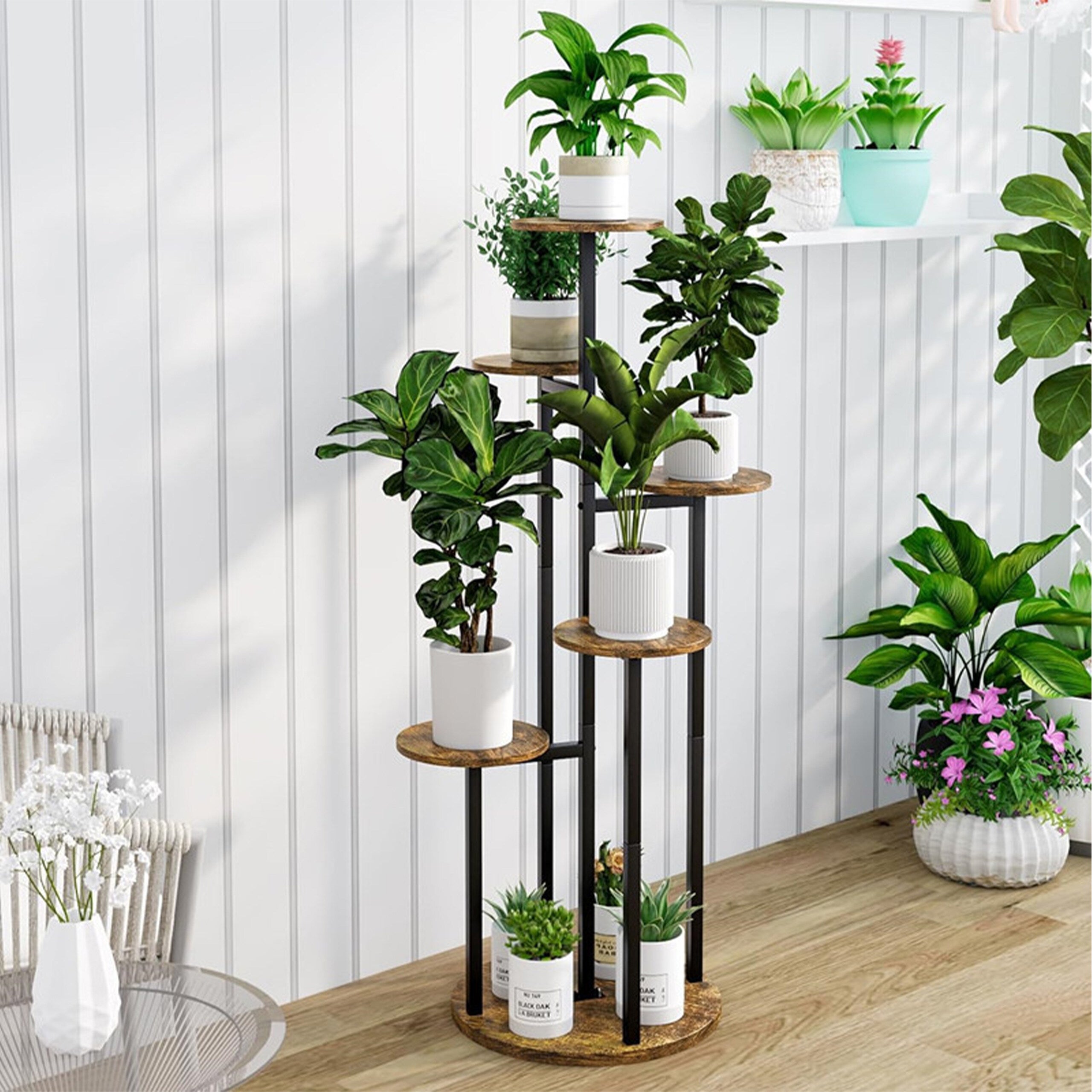 Étagère à plantes, 5 emplacements, fer et MDF, H x L x P : 118,5 x 58 x 58 cm,noir et marron, RELAXDAYS - 2