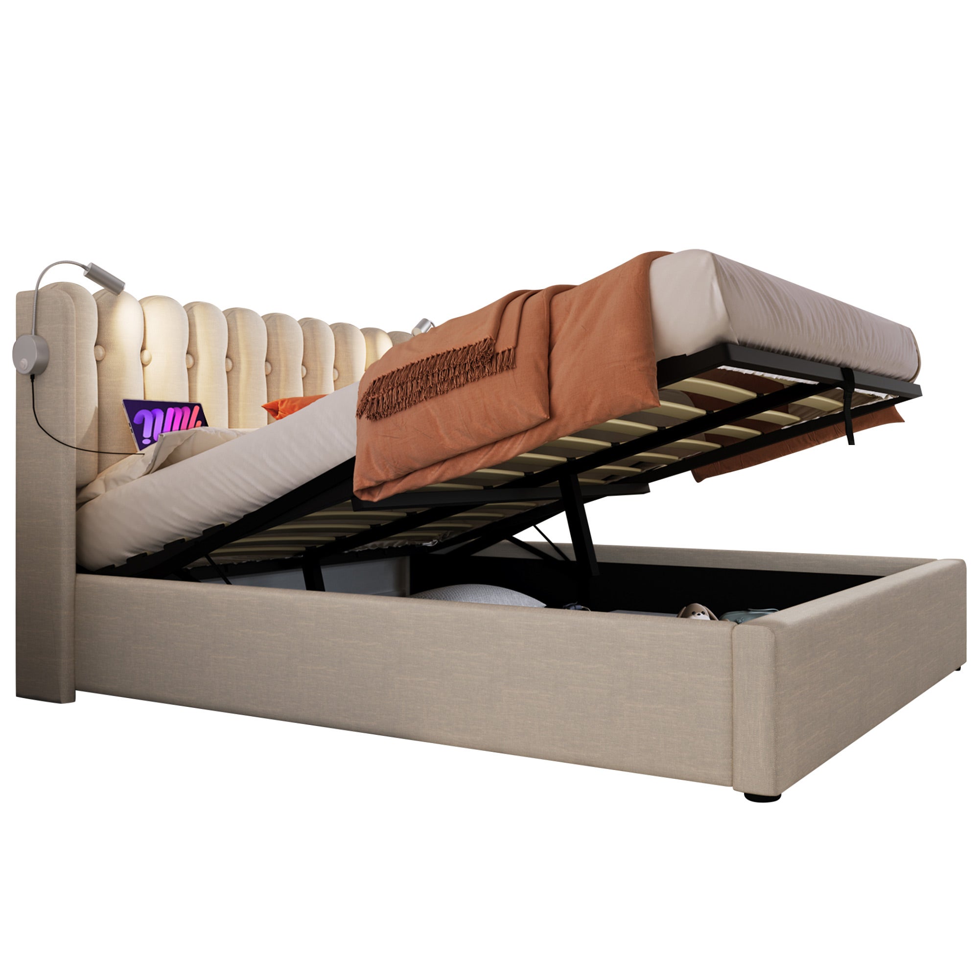 Cama contenedor con cabecero - 140 x 200 cm - lámpara de lectura y toma USB - tela de lino - color natural - 9