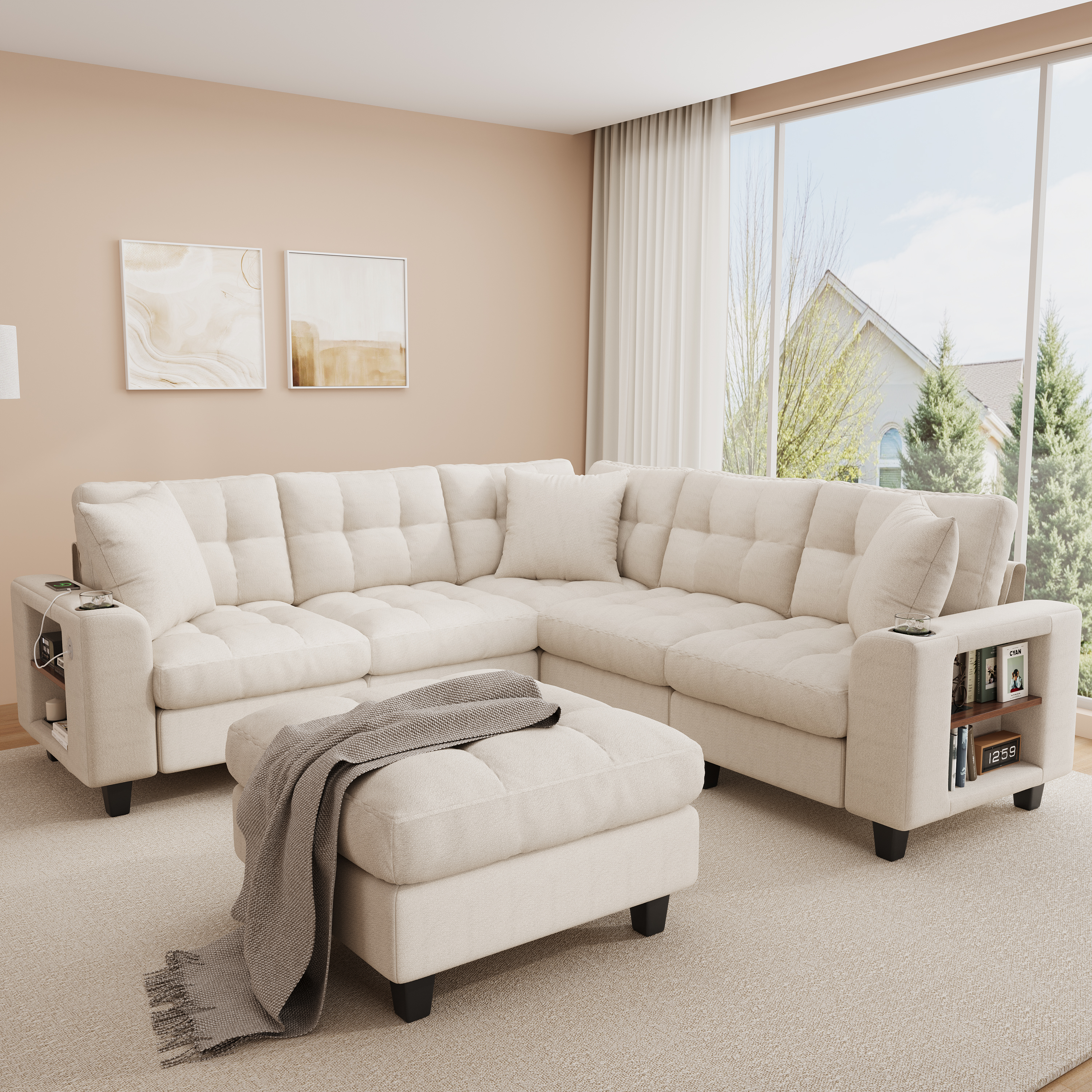 Canapé d'Angle XXL Modulaire en U, 6 Places en Chenille avec Accoudoirs Bibliothèque, Pouf Amovible, Porte-Gobelets et Ports USB/USB-C Intégrés, Beige - 3