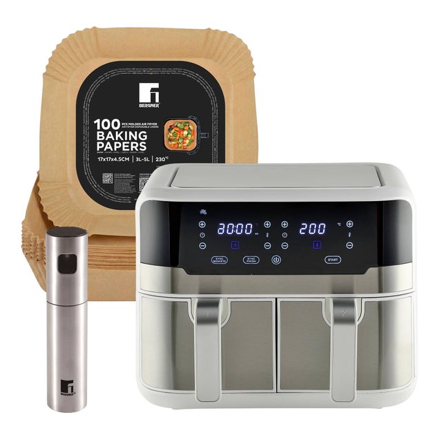 Freidora de aire 9L Masterpro 2400W con 100 moldes papel y Pulverizador acero inoxidable
