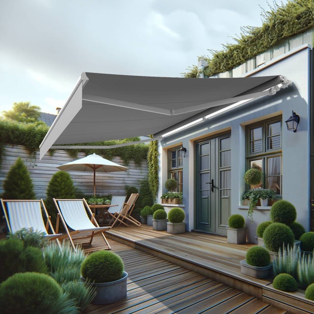 Store banne monobloc MEILE 4.80 x 3.00m (Manuel - Toile : Gris clair - Armature : Blanc)