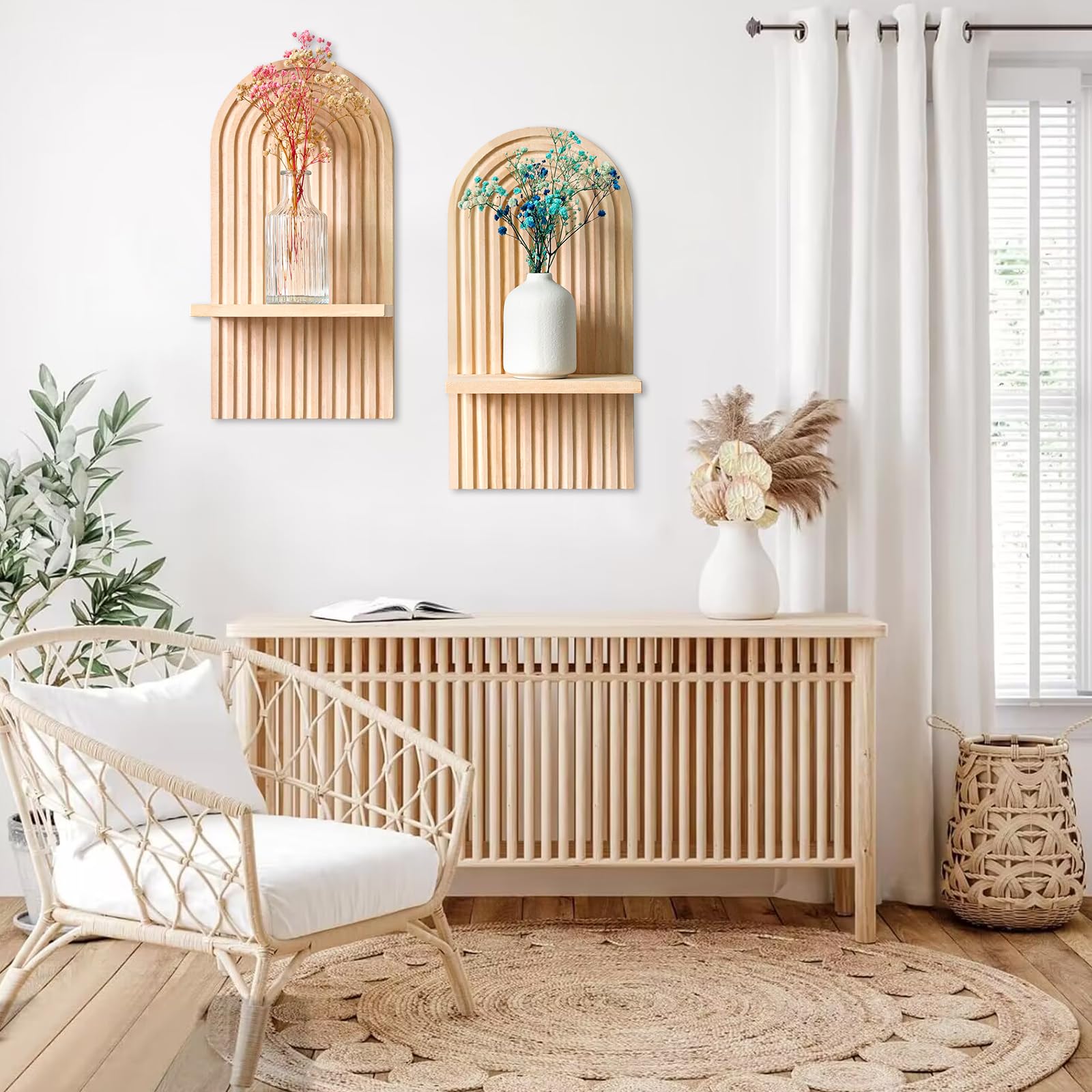 2 pcs Étagères en Bois pour la Décoration Murale Étagère Murale Bohème Moderne Support Mural en Bois bohème Style étagère pour la Cuisine,la Chambre - 6