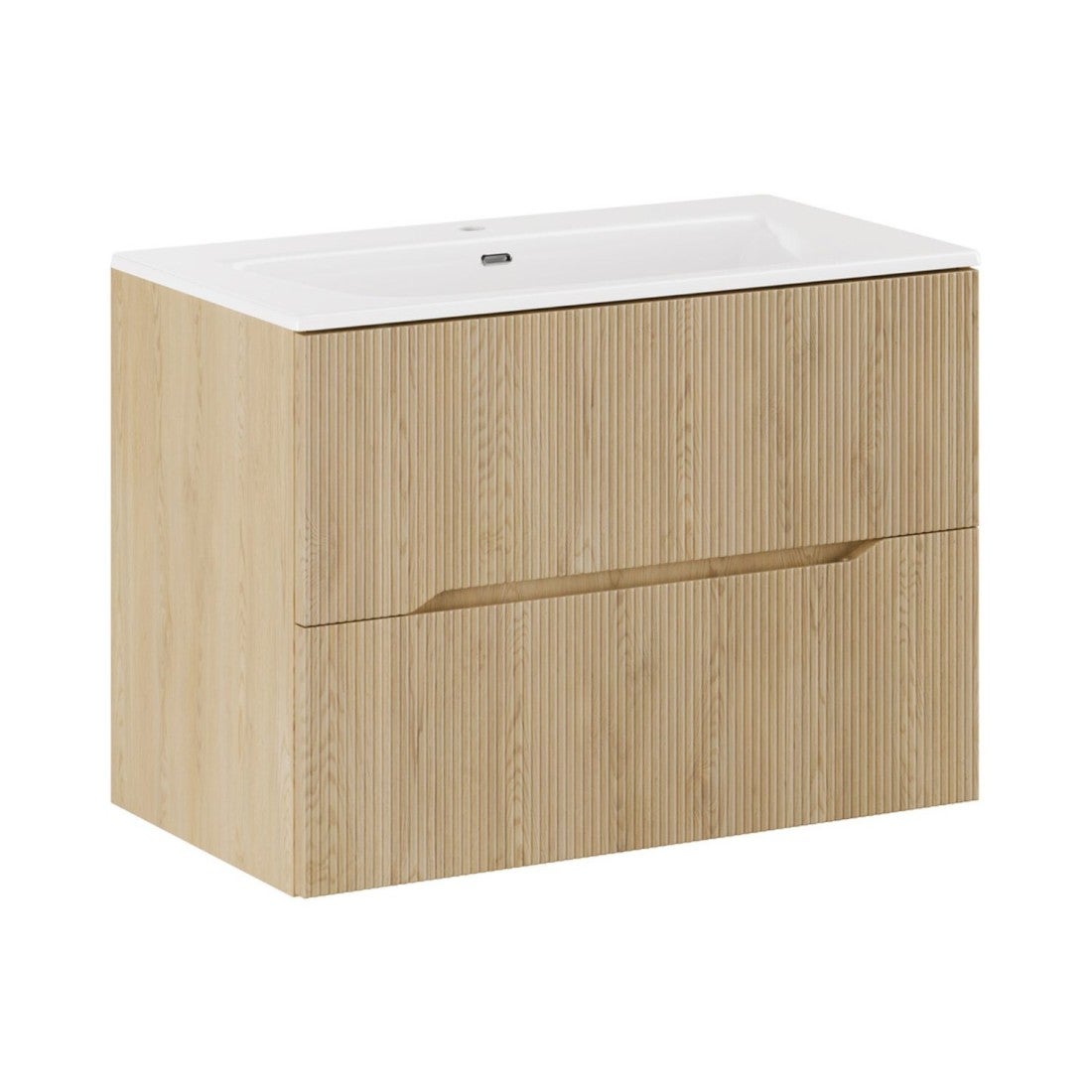 Conjunto de baño natura 80cm: mueble bajo lavabo aspecto madera clara ranurada verticalmente + lavabo encastrado
