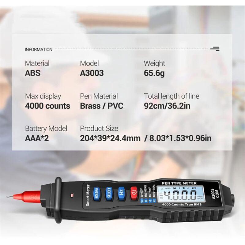 Multimètre numérique portable de type stylo 4000 points testeur de capacité de tension AC/DC NCV A3003 (noir) - 5