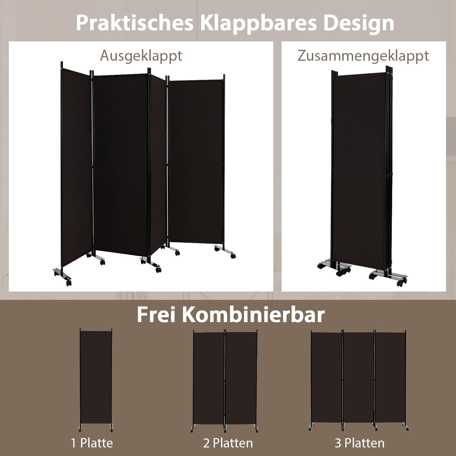 Paravent Séparation Pliable 173×225CM, 4 Panneaux avec roulettes, , Cadre en Métal, Idéal pour Salon,Bureau,Hôpital,Café - 2