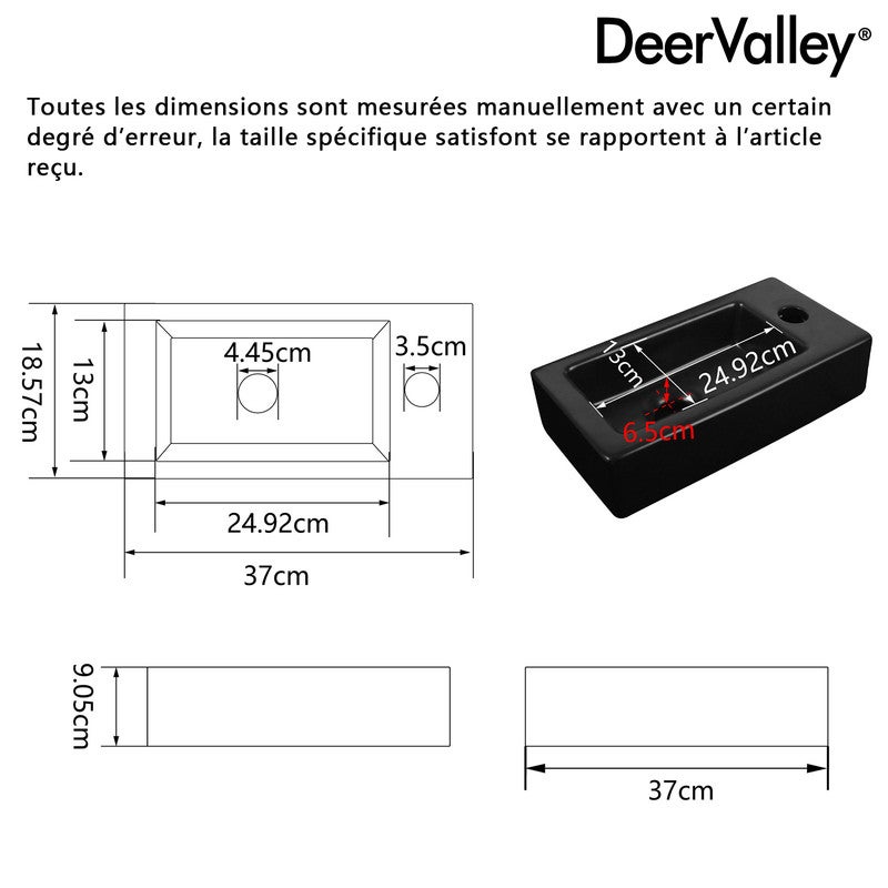 Vasque Lave Main Mini Meuble Vasque Rectangulaire Noir en Céramique pour Petit Espace (Main Droite) - DeerValley - 2