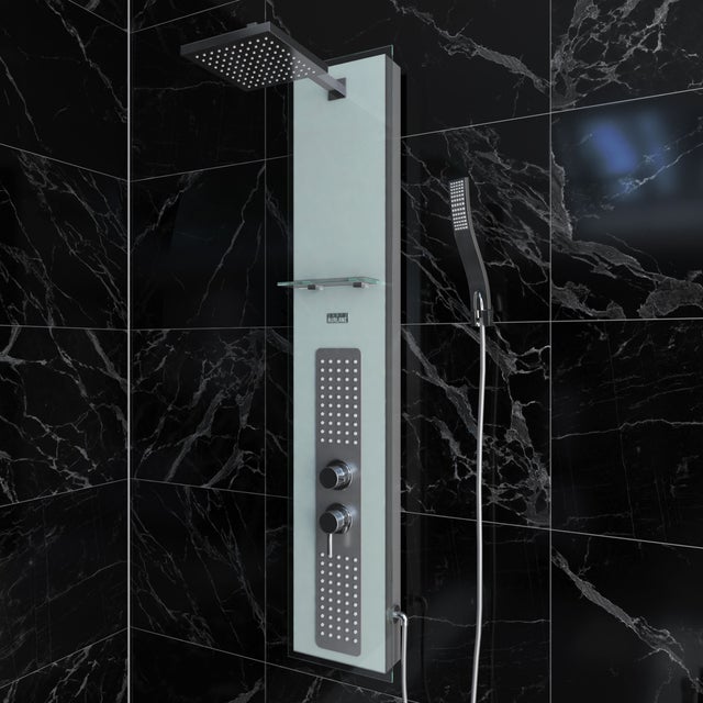 Colonne de Douche à Hydromassage 22x125cm - Verre Trempé avec plaque Inox - ALPHA WHITE