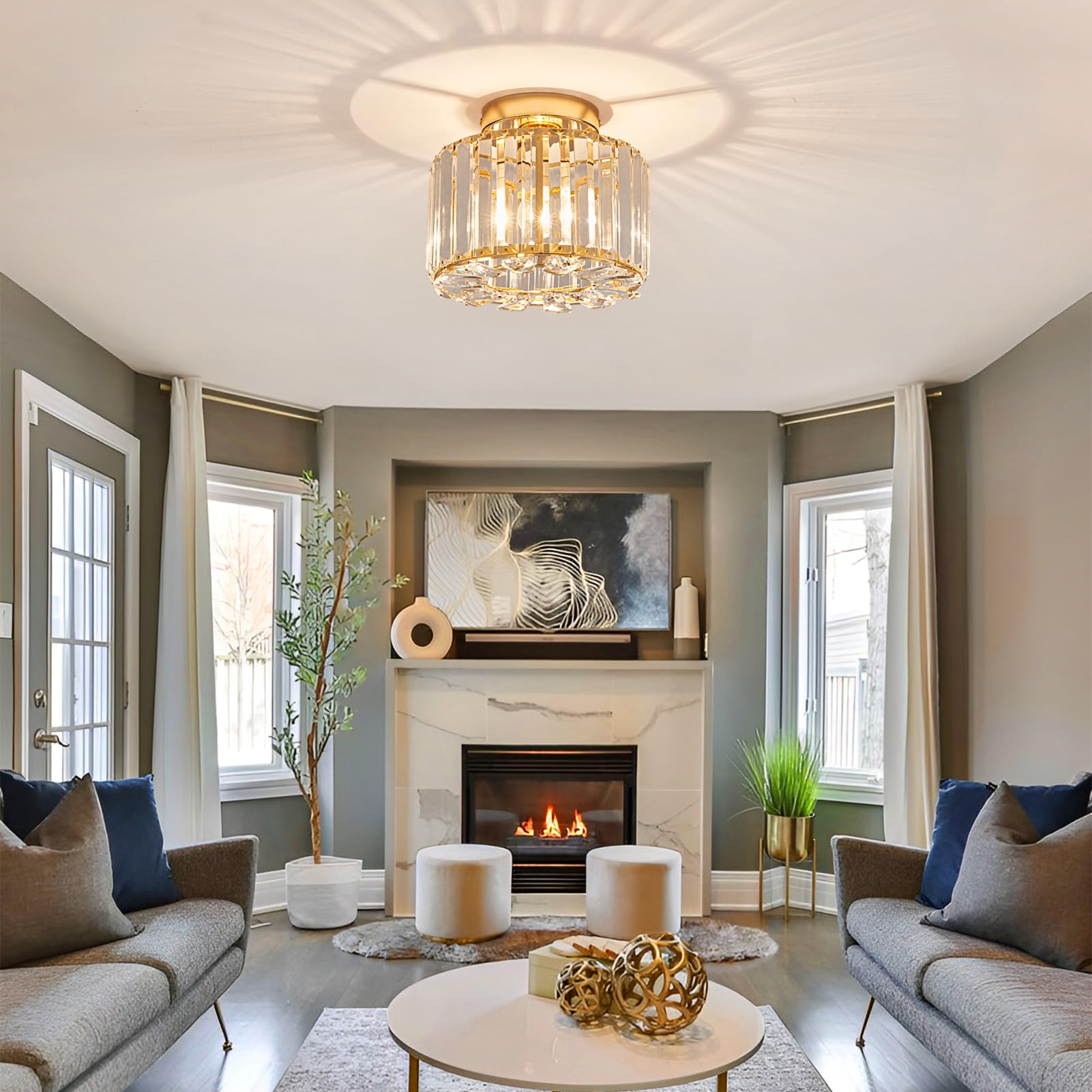 Plafonnier en cristal – Plafonnier semi-encastré, lustre moderne, plafonnier pour cuisine, chambre à coucher, entrée, 3 températures de couleur - 2