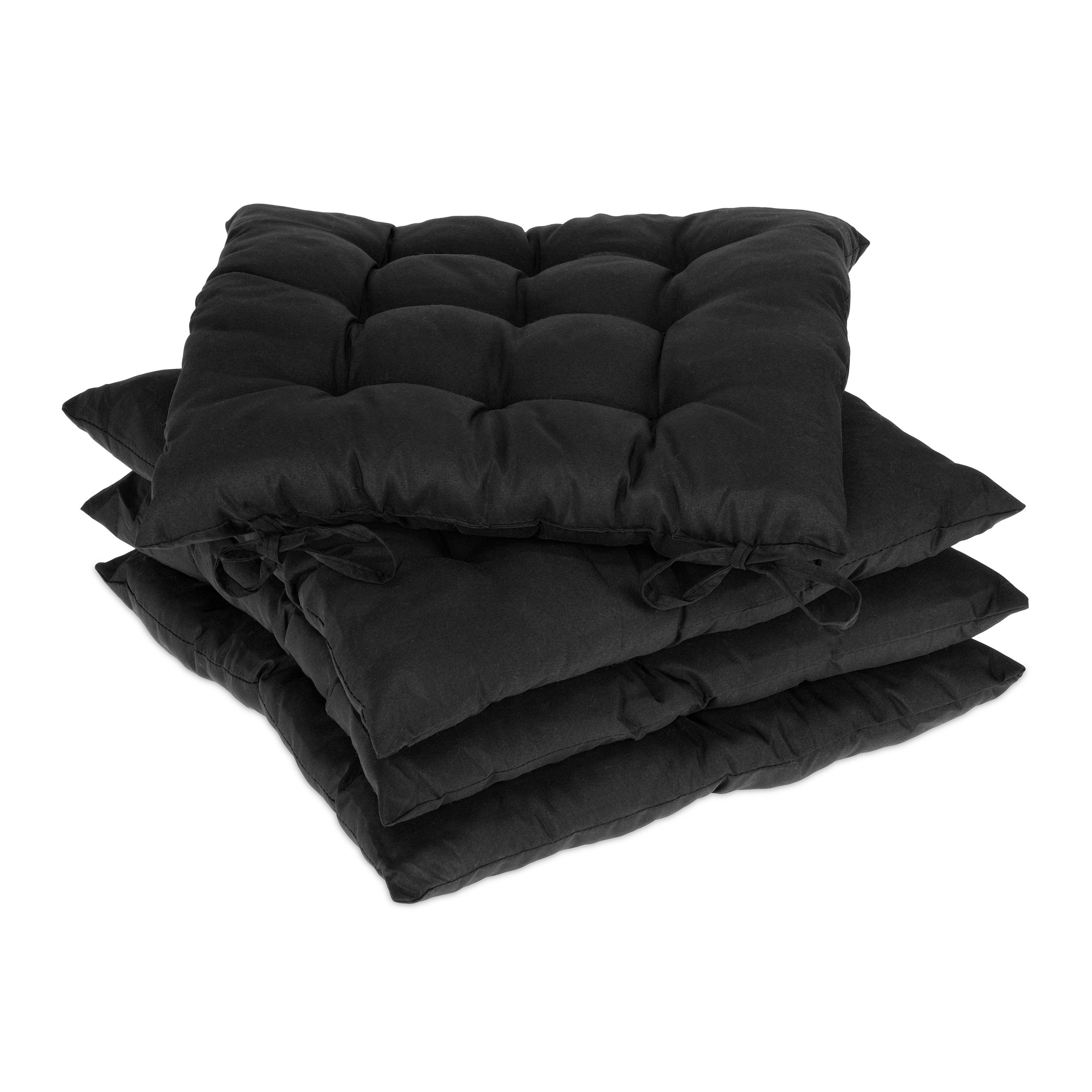Relaxdays set 4 cojines silla, cuadrados, 38x38 cm, con lazo, interior y exterior, funda poliéster, cojín asiento, negro