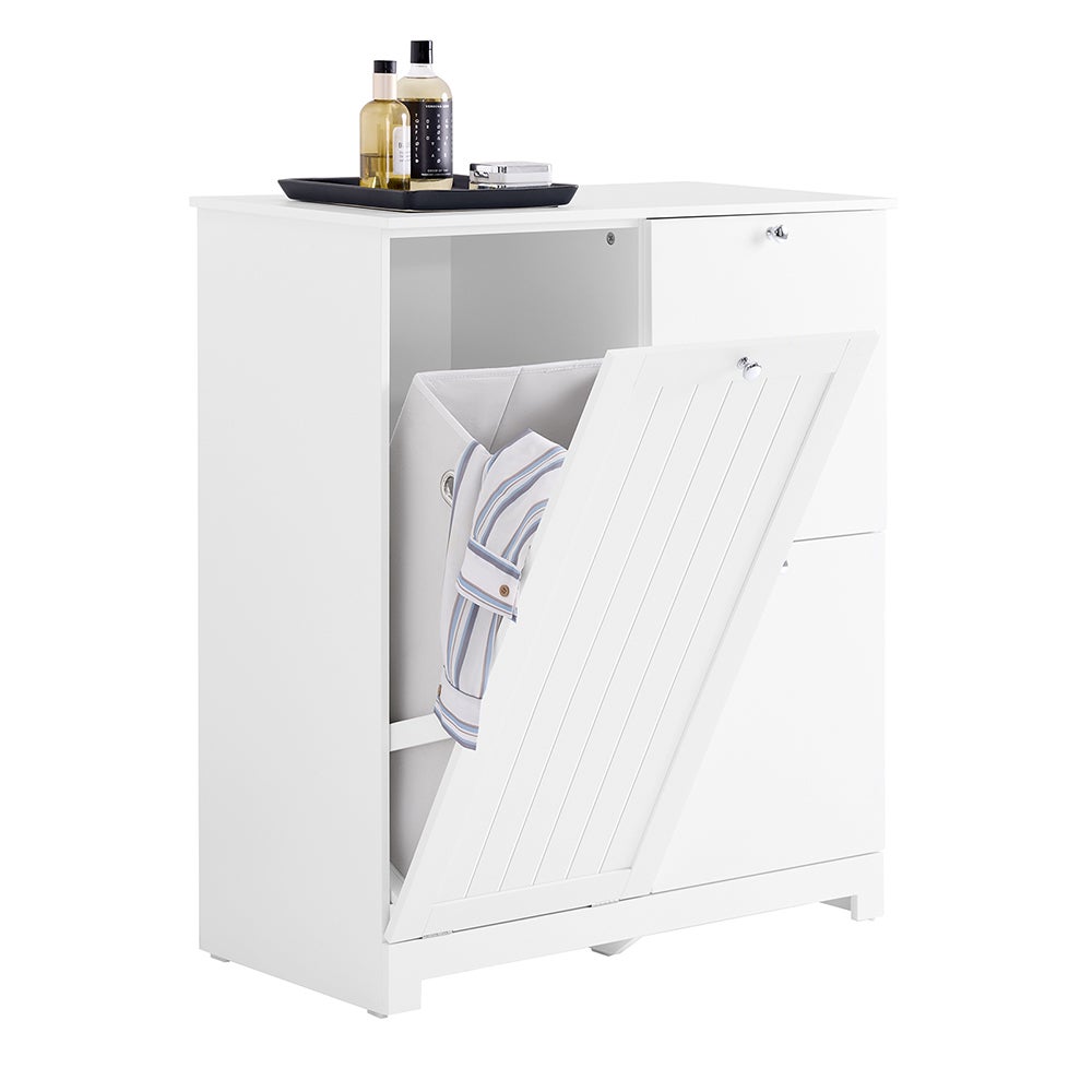 SoBuy Szafa łazienkowa z 3 koszami na bieliznę, Wąska kolumna do przechowywania z 1 dużym wbudowanym koszem i 2 koszami, 78x38x90 cm, Biała, BZR213-W