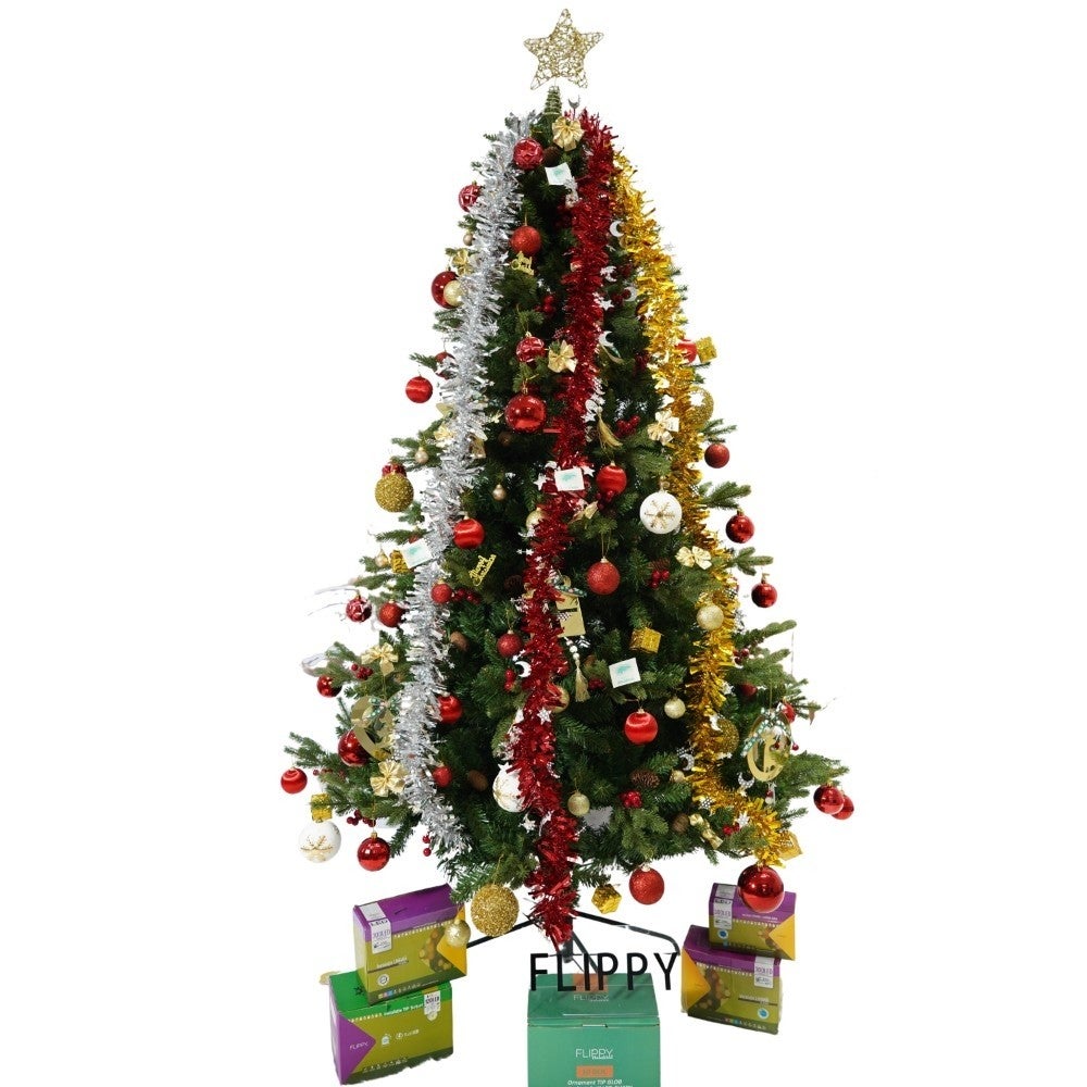 Brad artificial de Craciun Flippy, decorat, 210 cm, verde, suport metalic