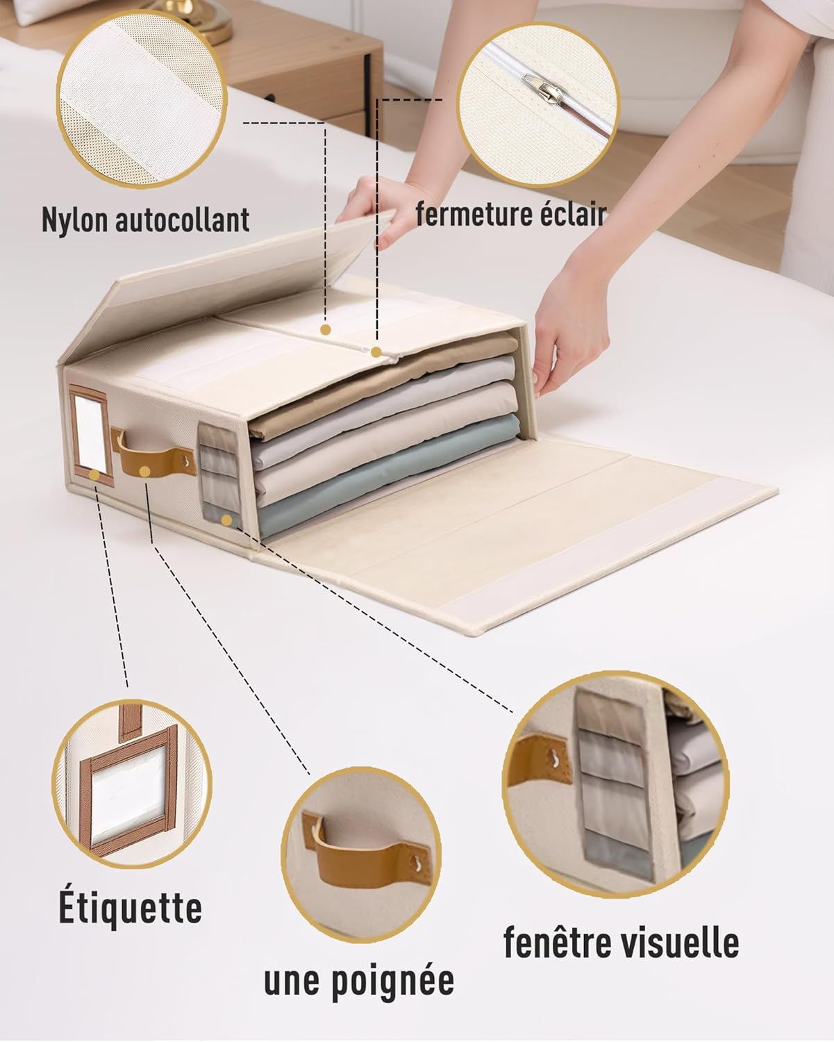 linge rangement drap de lit - 3 organisateur drap pliable, respirantes avec fenêtre transparente & étiquette pour draps, couvertures & serviettes - 7