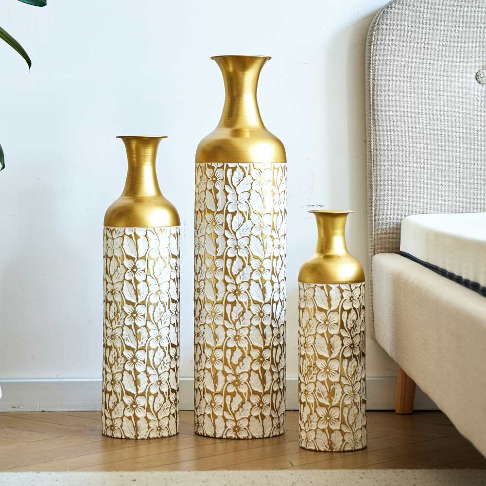 Set di 3 vasi da terra in metallo bianco dorato – Altezze 83/65/50 cm, grandi vasi retrò per soggiorno e camera, perfetti per fiori secchi e pampas - 5