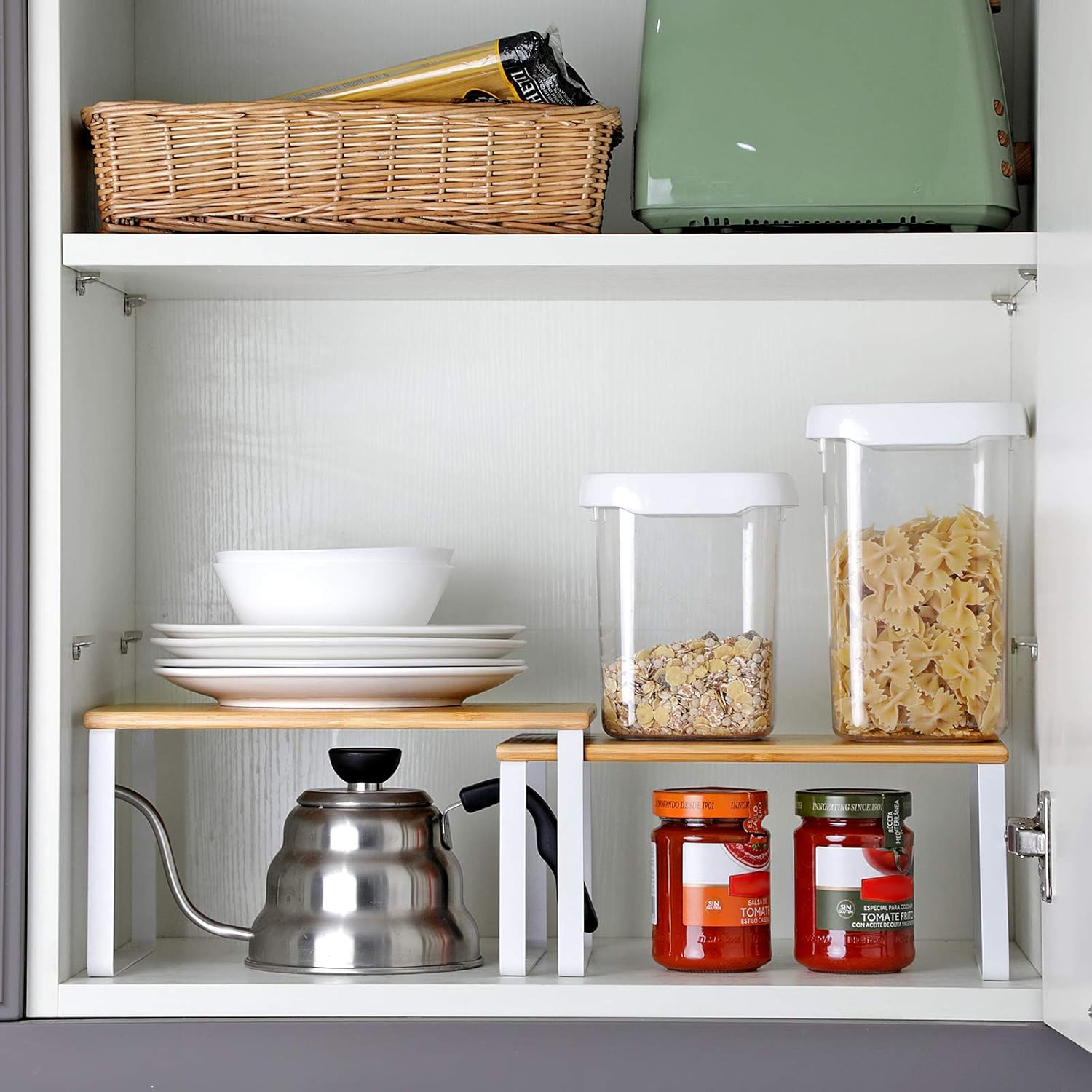 Organizadores de Cocina, Juego de 4 Estantes de Cocina, Apilables, Expandibles, Metal y Madera de Ingeniería, Blanco y Natural - 5