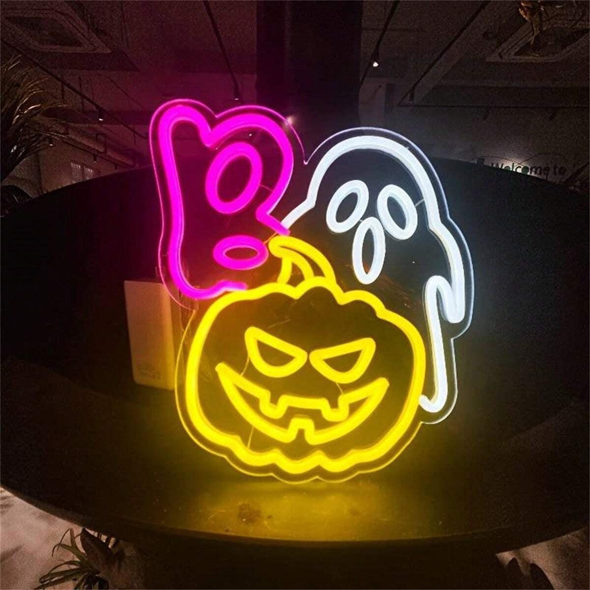 Świecący szyld Halloween Boo, Straszny duch, Świecący szyld dynia, Dekoracja domu na Halloween, Pomarańczowy szyld LED dynia