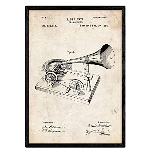 Nacnic poster con patente de gramofono lámina con diseño de patente antigua en tamaño a3 y con fondo vintage