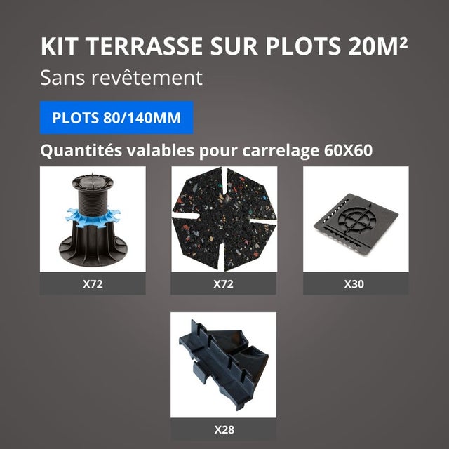 Kit Terrasse sur Plots Sans Revêtement 20M² - Sans Profilé - 80/140 mm - JOUPLAST