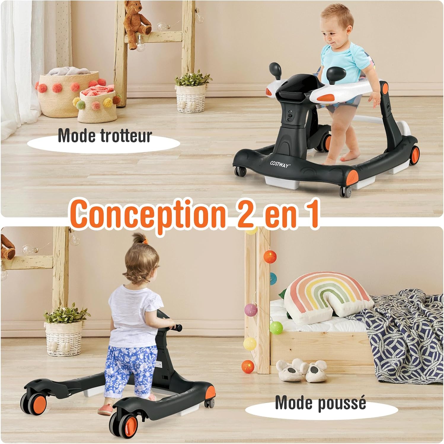 Trotteur Bébé 6-18 Mois, Trotteur Marche Bébé Evolutif 2 en 1, Pousseur Pliable avec Lumière et Musique, Hauteur Réglable en 3 Positions(Noir) - 2
