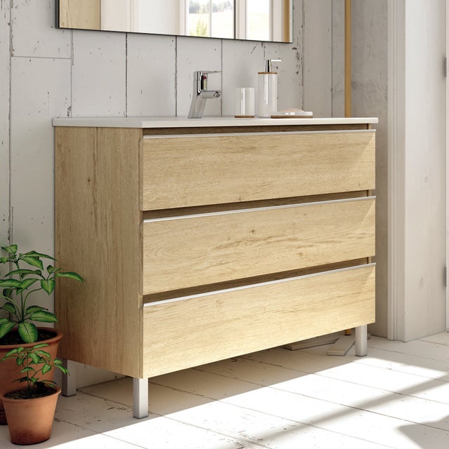 Meuble sous vasque seul, 3 tiroirs, 100cm, pour simple vasque - bambou (chêne clair) - PALMA