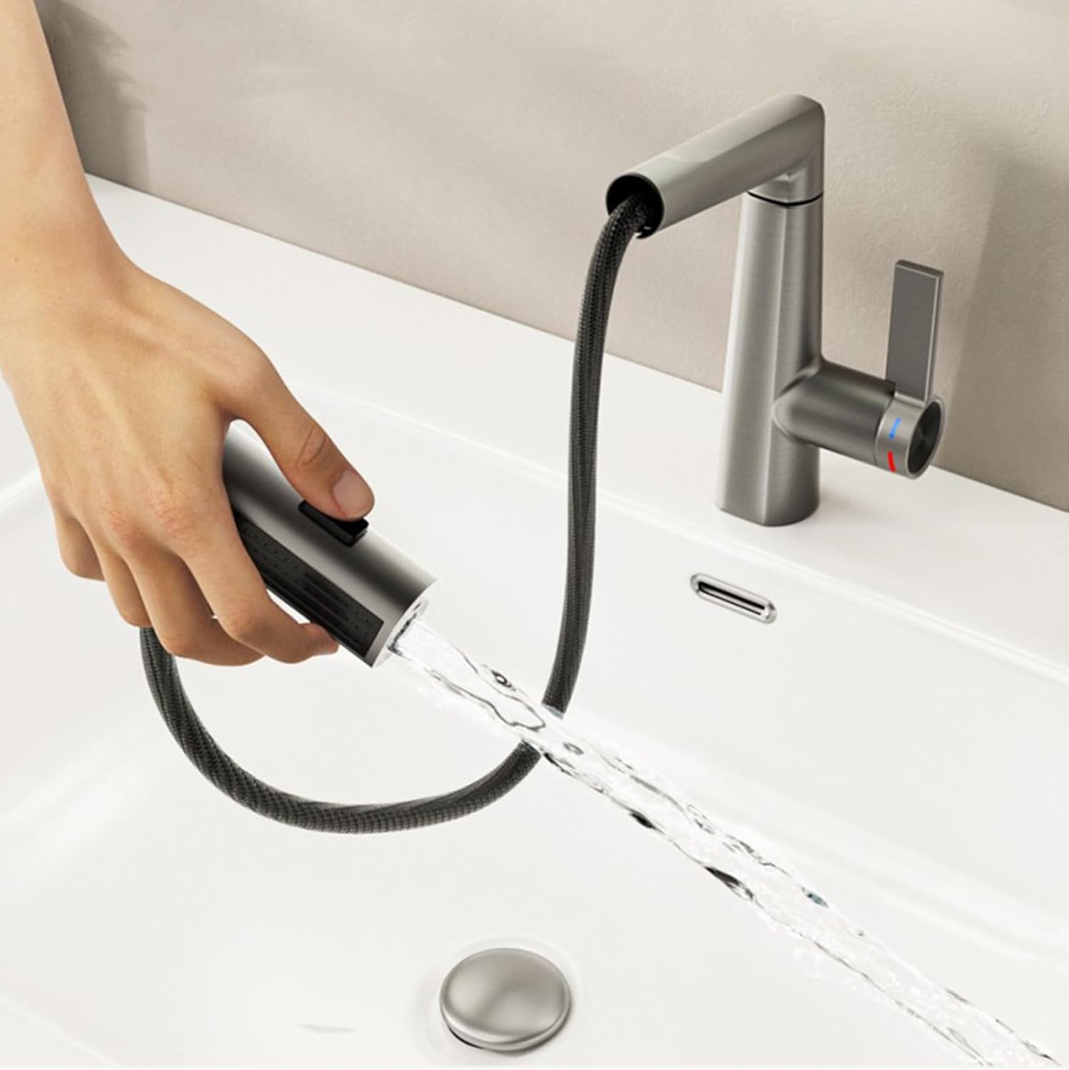 (Gris) Mitigeur cascade avec douchette extractible pour lavabo de salle de bain, robinet de lavabo à poignée unique, 3 modes - 4