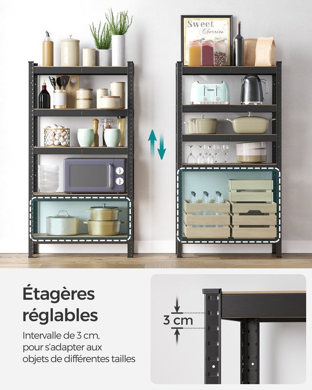 Étagère de Rangement à 5 Niveaux, Lot de 2, 30 x 75 x 150 cm, Capacité 650 kg, Planches Réglables, Style Industriel, pour Cuisine, Salon, Noir - 4