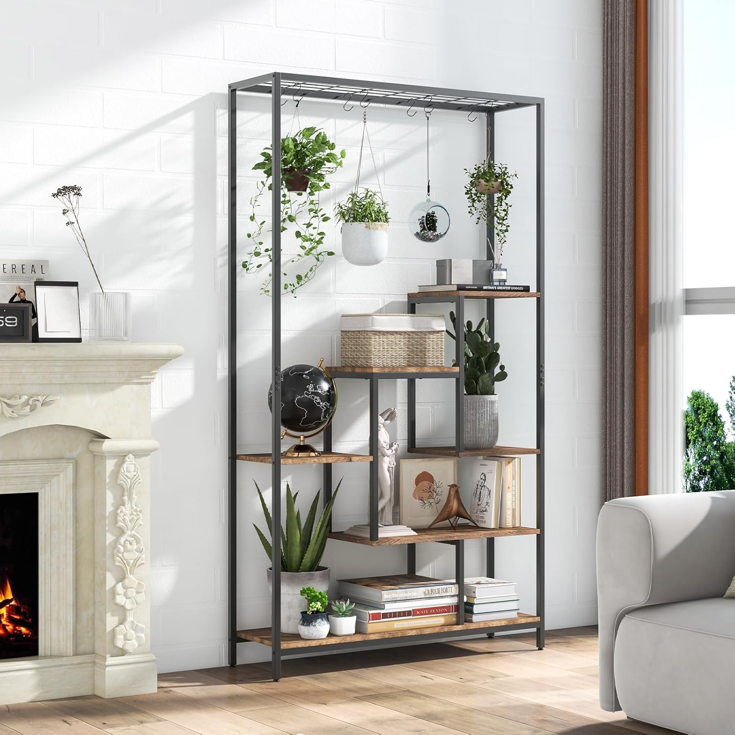 Support pour Plantes Intérieur à 6 Niveaux, Présentoir pour Pots de Fleurs 100x30x180cm , 10 Crochets, Étagère à Fleur Style Industriel, Marron - 2