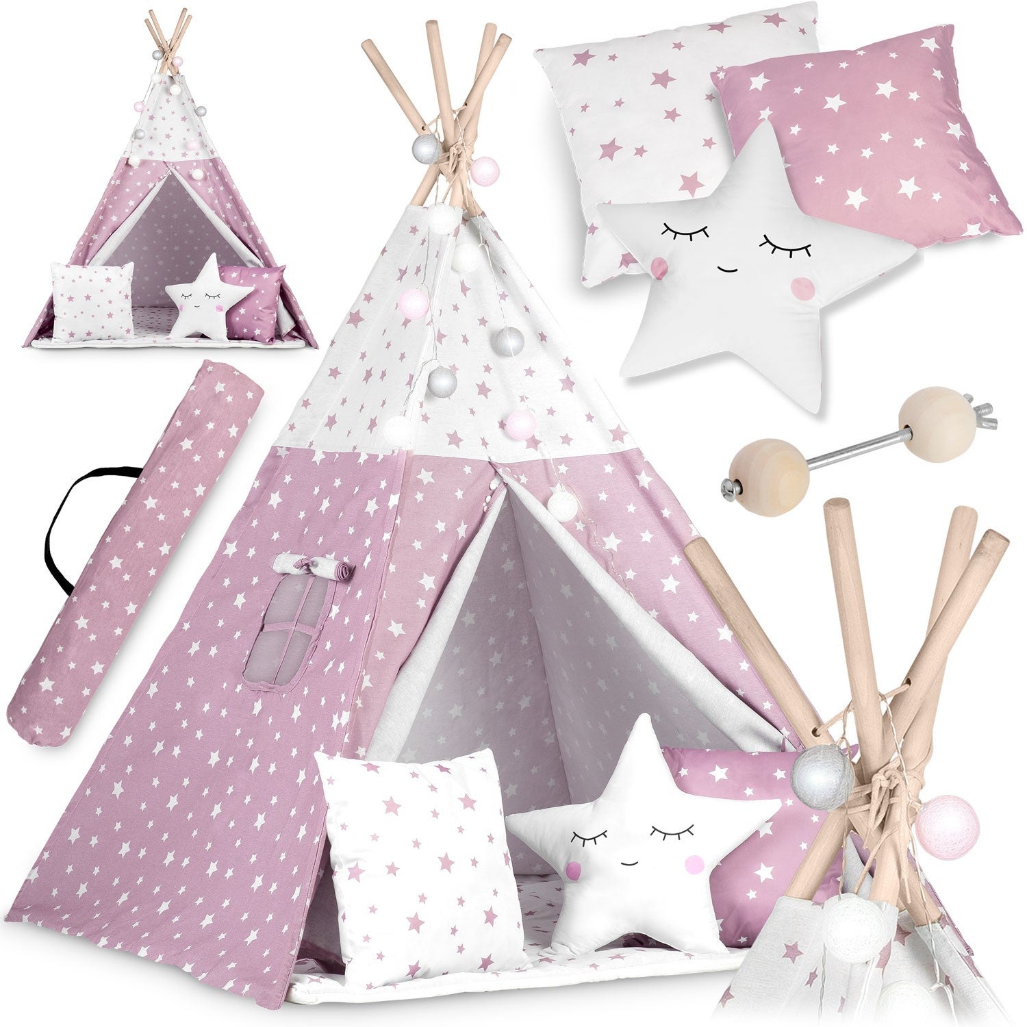 Tipi namiot dla dzieci wigwam TEEPEE lampki poduszki stabilizator Nukido NK-400 różowy
