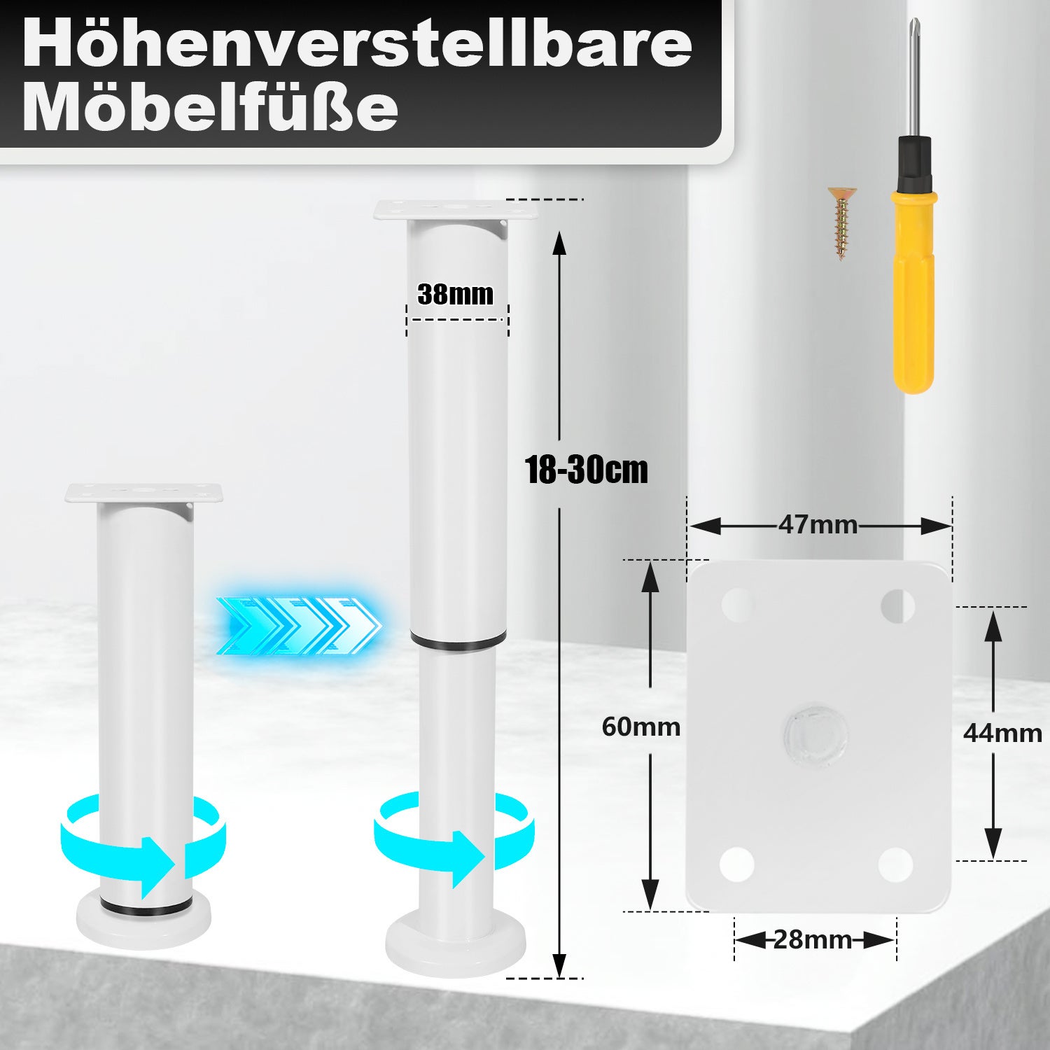 Lot De 4 Pieds De Meuble Réglables En Métal - Hauteur 12 à 18 Cm, Charge Max 300kg