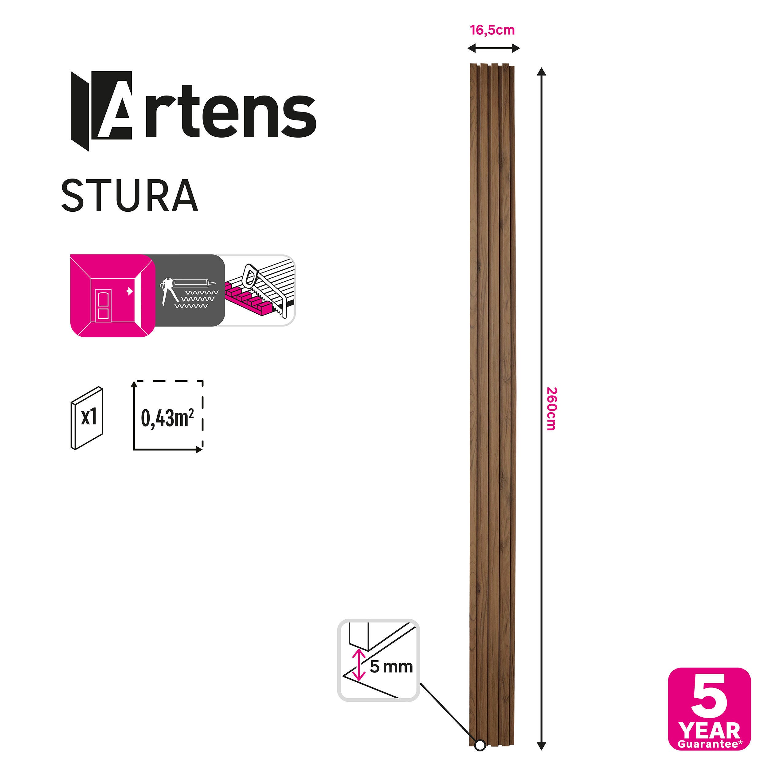 Revestimiento de pared palillería MDF laminado nogal STURA - 16,5 x 260 cm - 0,43 m² - ARTENS - 6