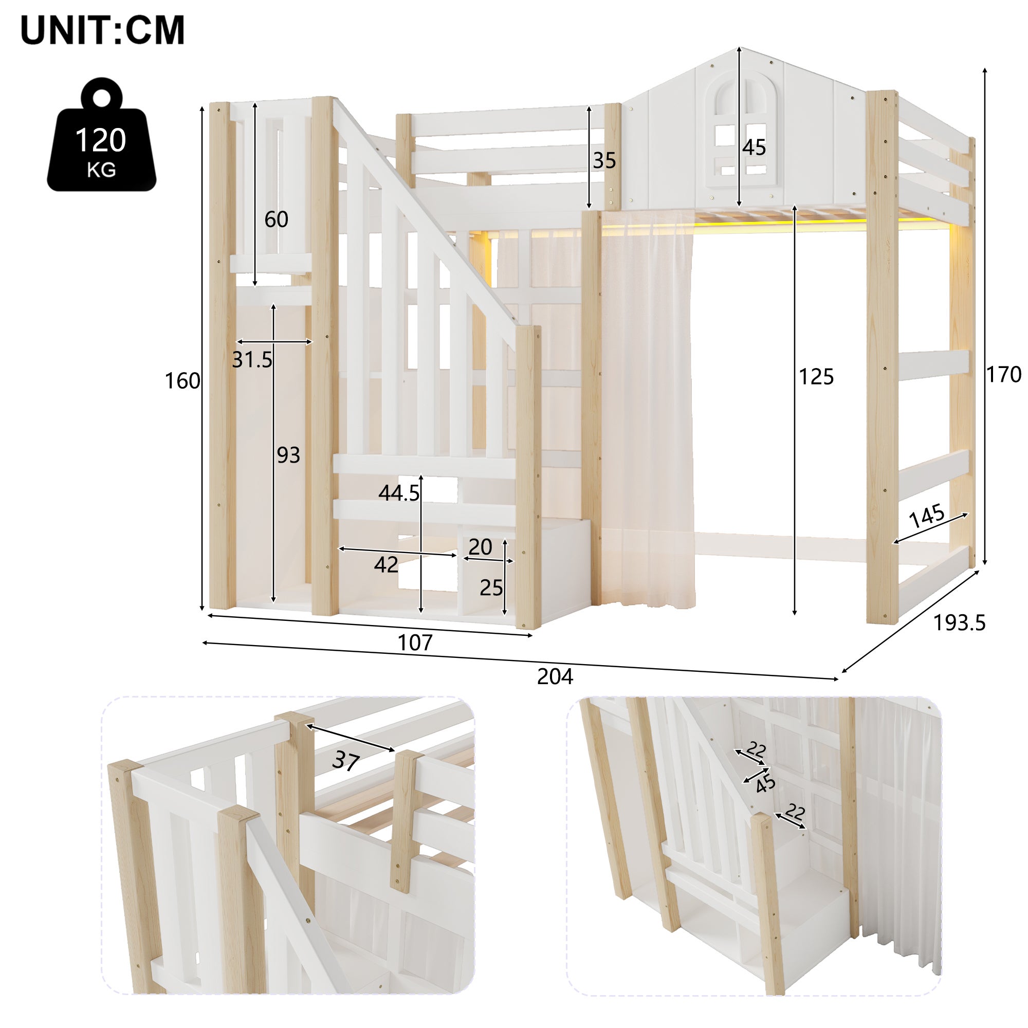 Lit superposé château 140x200 cm avec LED, lit mezzanine bois avec escalier de rangement, espace bureau modulable et voilage, Blanc - 3