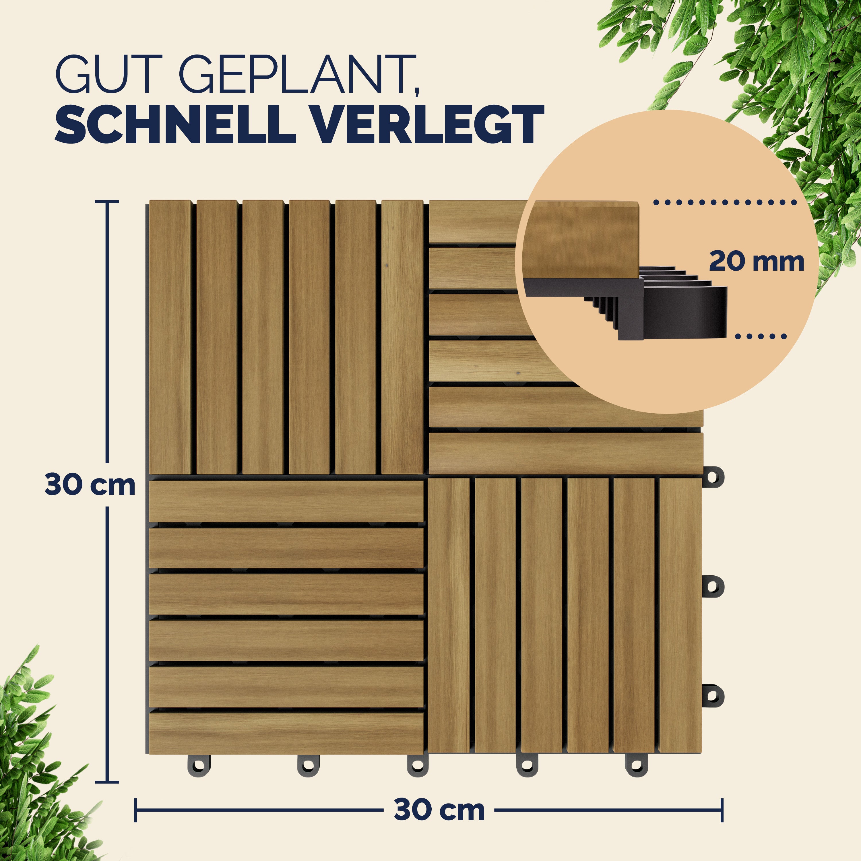 11x Dalles de terrasse en bois d'acacia 1m² Dalle clipsable 30x30cm Revêtement de sol extérieur terrasse jardin - 6