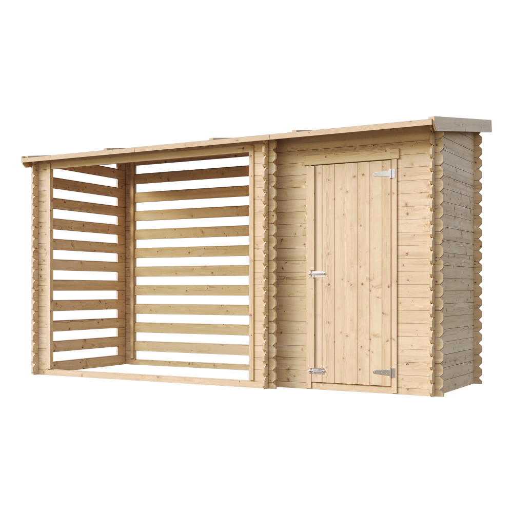 Abri de jardin+ Chalet pour vélos/ Bucher/Abri conteneur - Cabane de jardin avec Toit plat - 344 x 130 cm - 2,54 m2+1,1 m2 - TIMBELA M205 - 3