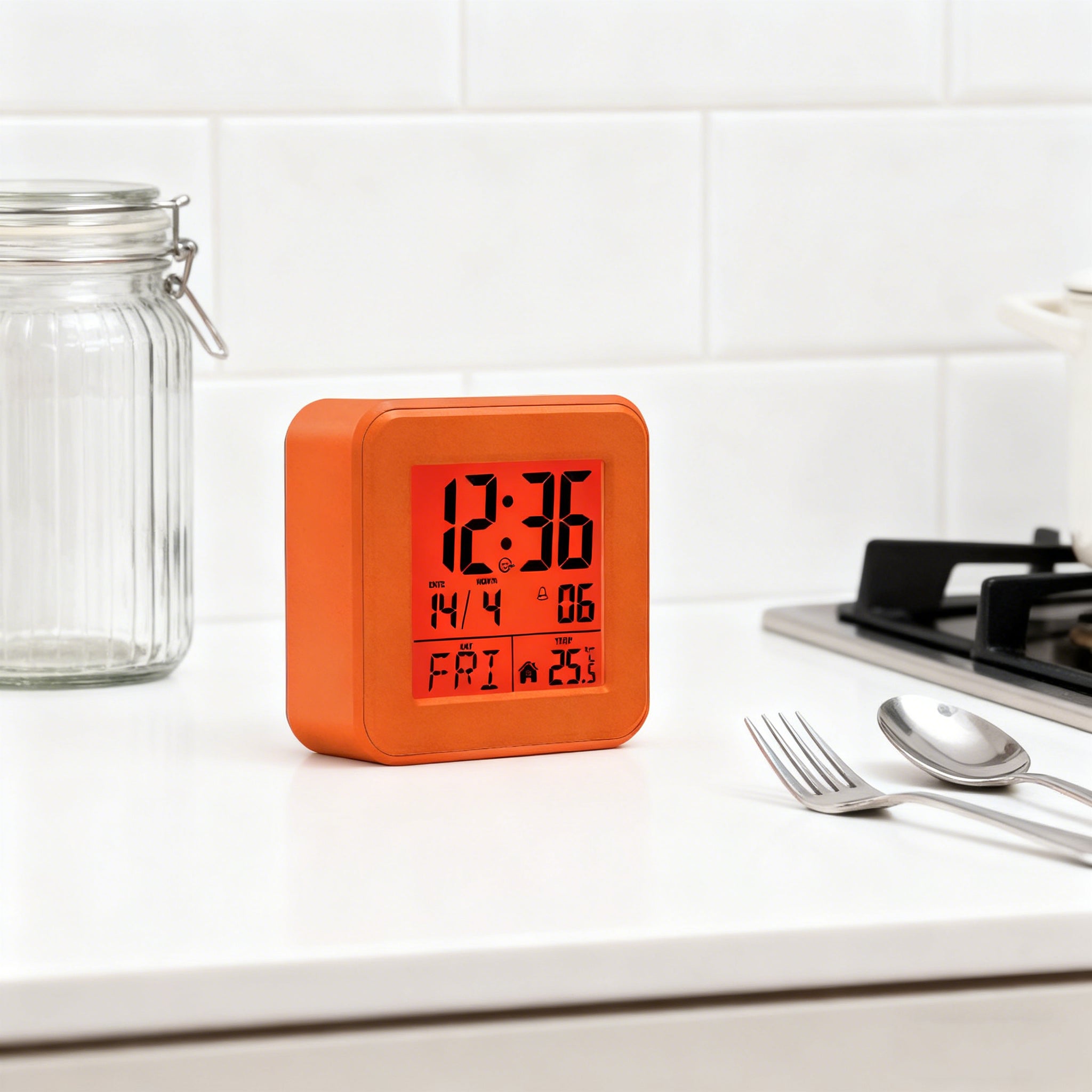 Sveglia digitale atomica LED con temperatura, data, allarme potente e snooze, facile da configurare per casa, ufficio e studio – arancione - 5