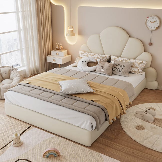 Letto Imbottito 140x200 Cm Con Testiera A Petali - Letto In Velluto Beige Per Bambini E Ragazzi, Struttura In Legno Massello, Regolabile, Carico Max 250kg