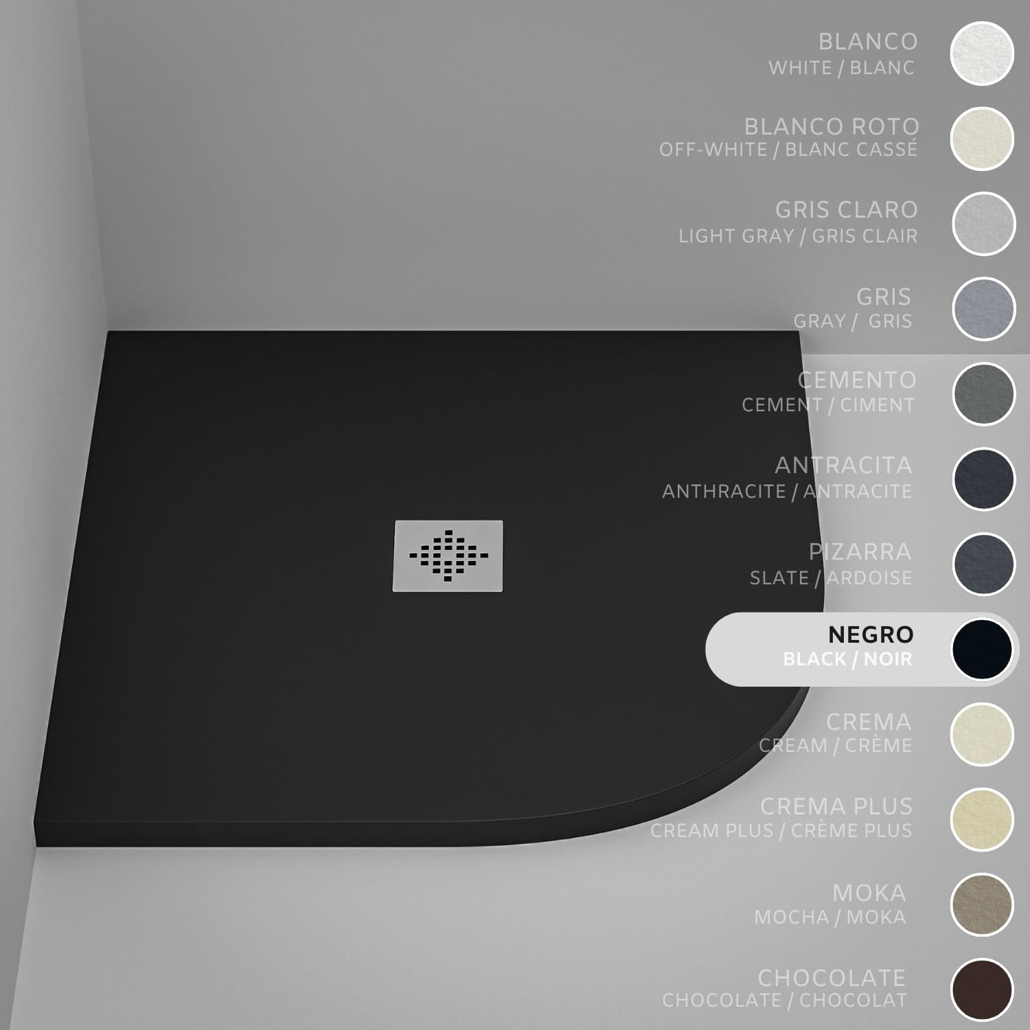 Brodzik półokrągły SOULHOME Żywica i Konglomerat Mineralny Antypoślizgowy 90x90 cm Czarny - Kratka Inox