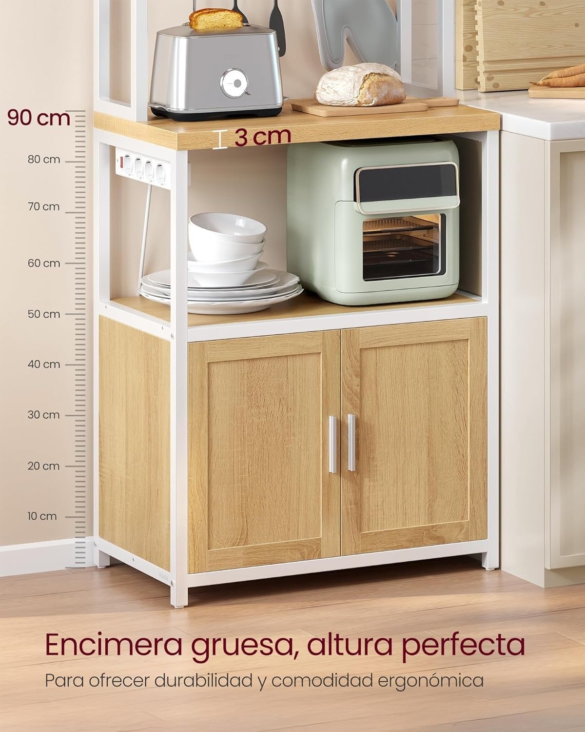 Mueble auxiliar de cocina con enchufes, estantería para microondas con ganchos, estilo industrial, color roble y blanco - 4