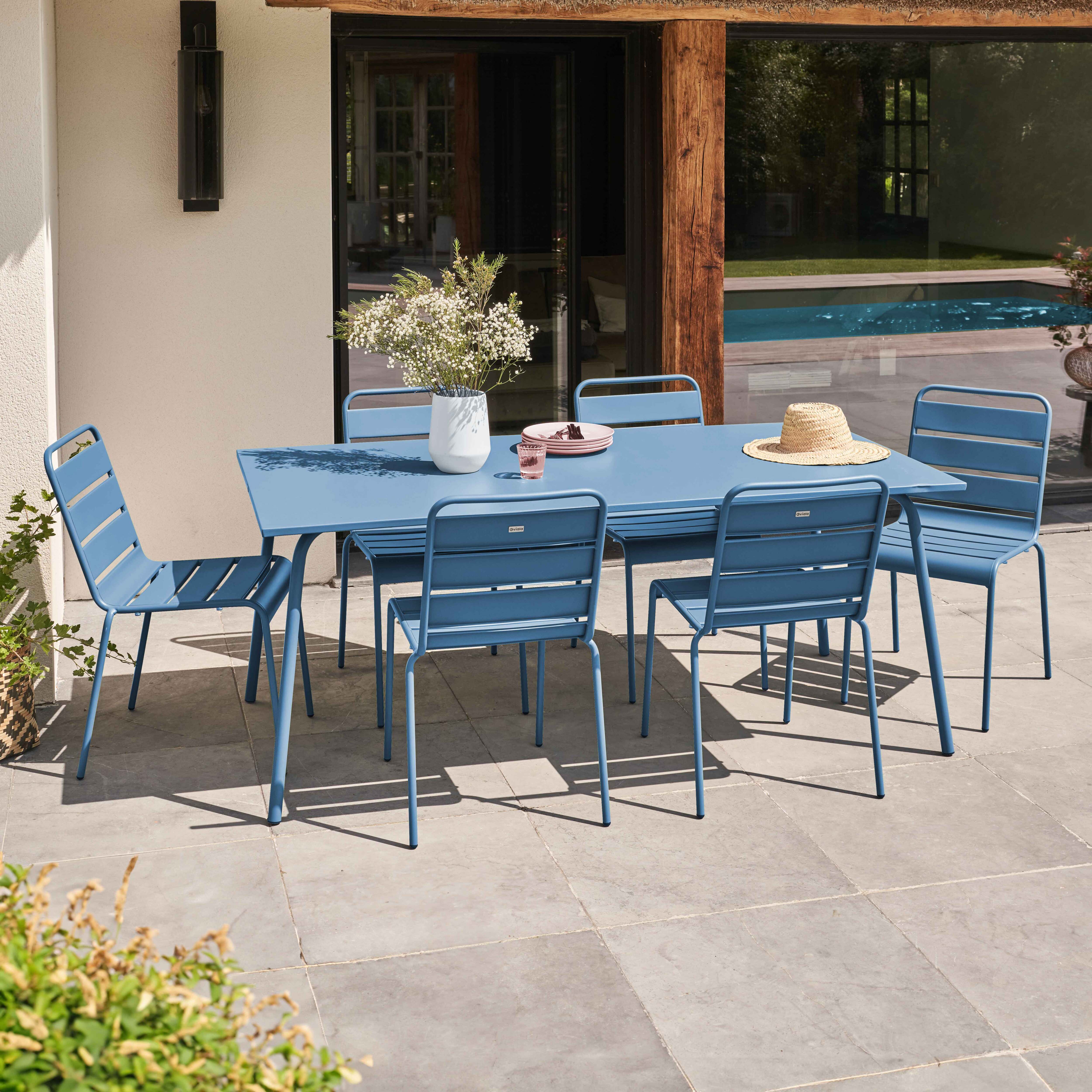 Ensemble table de jardin et 6 chaises en métal bleu pacific , Palavas